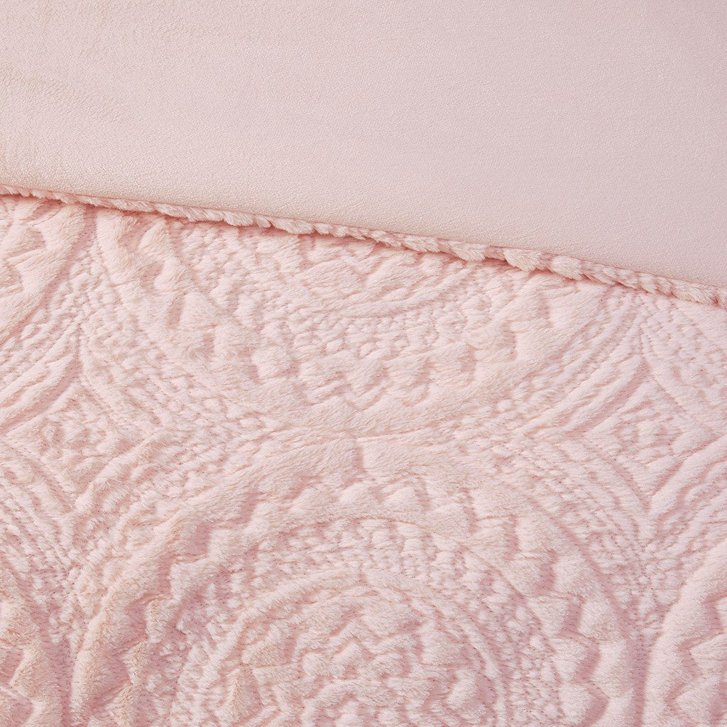 Embroidered Medallion Faux Fur Ultra Plush Comforter Mini Set Queen Blush Polyester