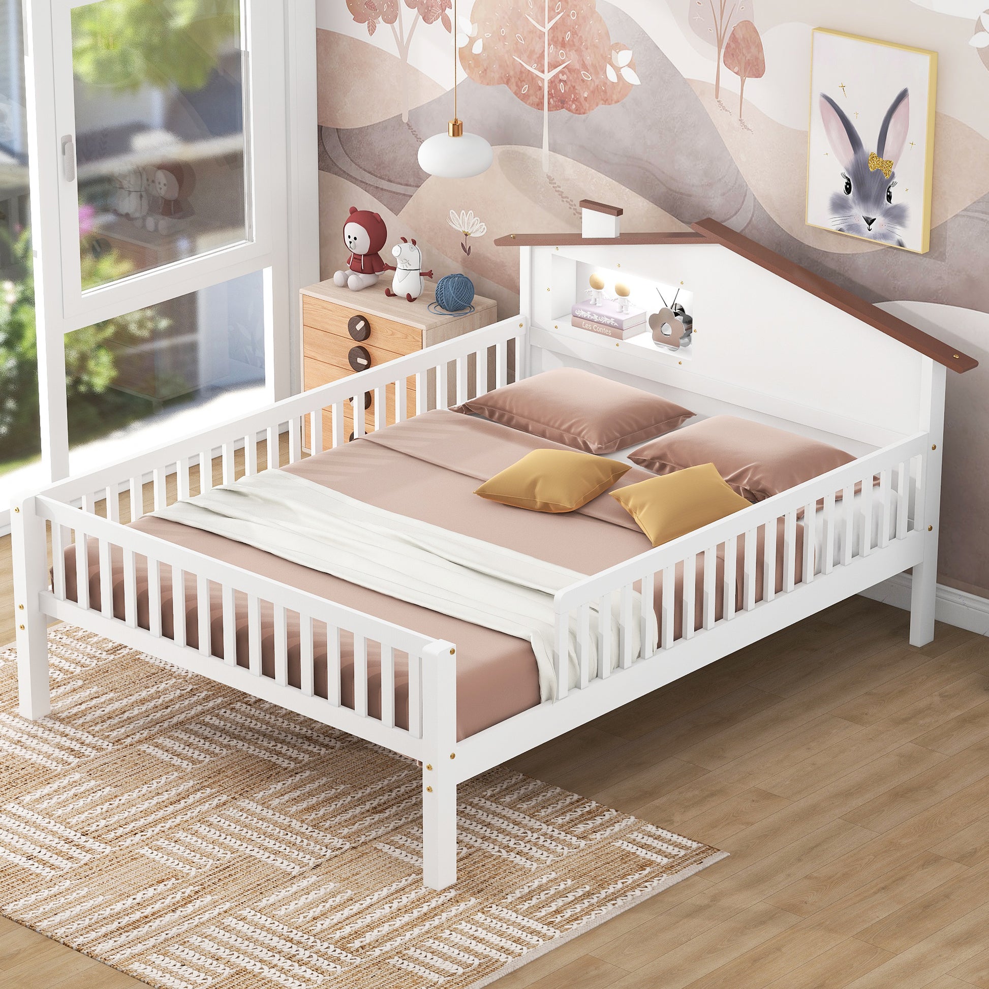Full Size Wood Platform Bed With House Shaped Headboard, Led And Built In Storage, White Box Spring Not Required Full White Wood Bedroom Bed Frame Wood