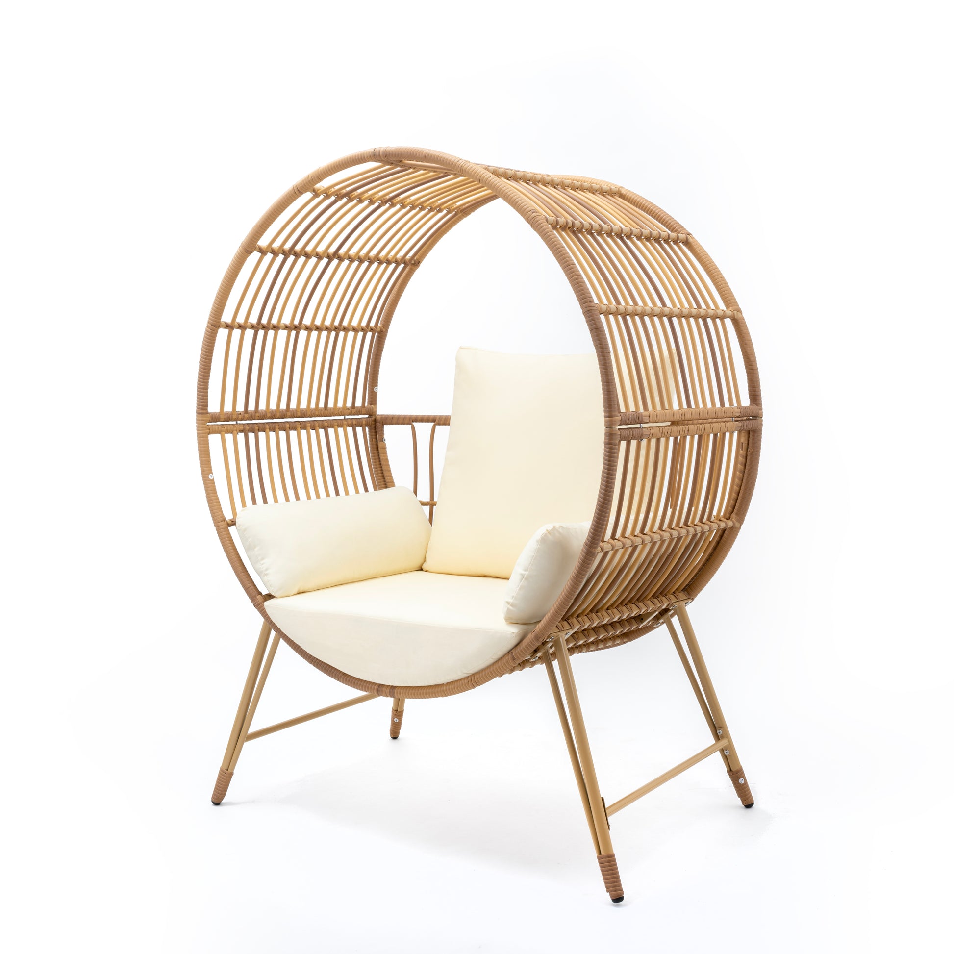 Round Wicker Outdoor Egg Chair, Beige Ancient Oak Rattan Metal