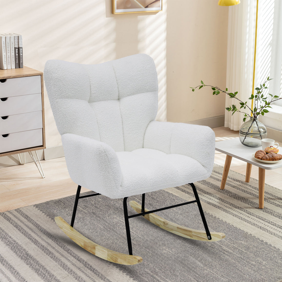 Modern Rocking Chair,Teddy Fabric Chair With High Backrest,Rocking Accent Chairs For Nursery,Living Room,Bedroom White White Wood Metal