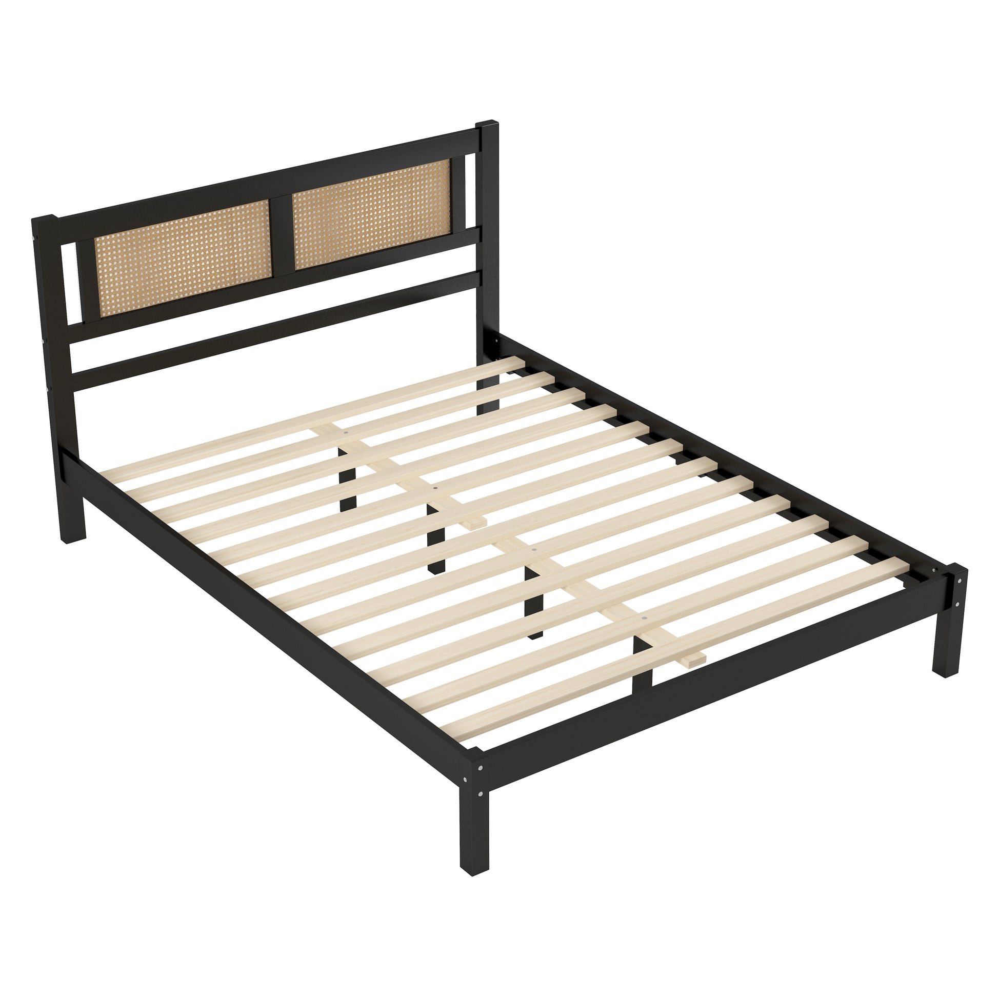 Queen Size Wooden Platform Bed With Natural Rattan Headboard, Exquisite Elegance With Minimalist Charm For Bedroom, Black Black Particle Board