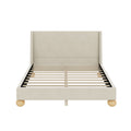 Modern Velvet Upholstered Platform Bed With Wingback Headboard And Round Wooden Legs, Cream,Queen Size Box Spring Not Required Queen Cream Wood Bedroom Modern Bed Frame Velvet Wood