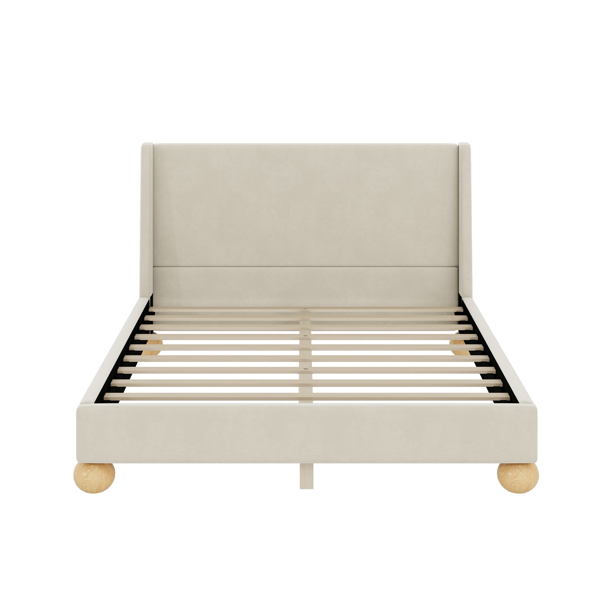 Modern Velvet Upholstered Platform Bed With Wingback Headboard And Round Wooden Legs, Cream,Queen Size Box Spring Not Required Queen Cream Wood Bedroom Modern Bed Frame Velvet Wood