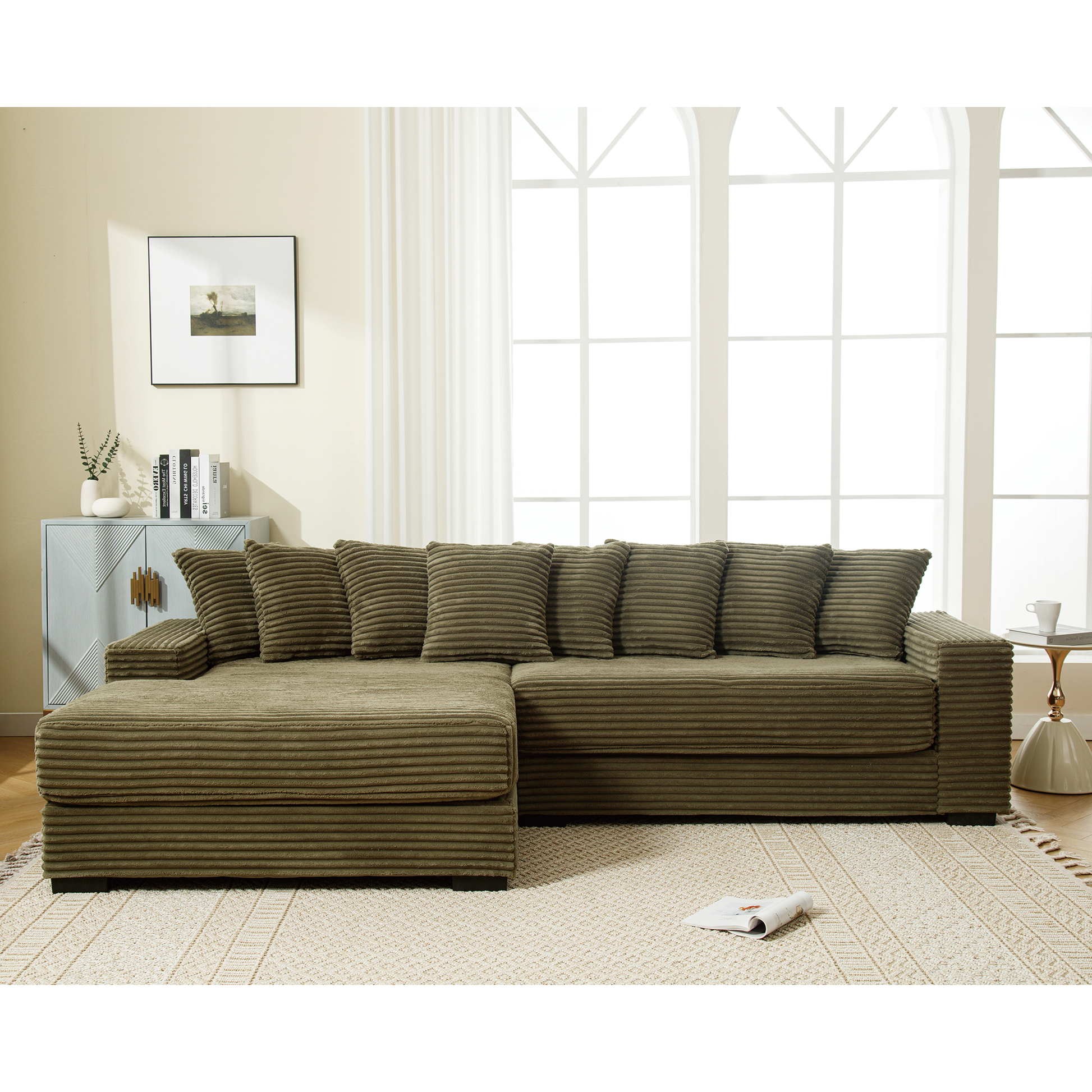 Arrived Oversized Two Piece Couches, L Shaped Sofa, Corduroy, Left Chaise Daybed,With Armrests,Eight Throw Pillows,Corner Sofa,Easy To Assemble, Green Green Polyester Wood Primary Living Space Medium Soft Pillow Back Modern Square Arms Wood 3 Seat