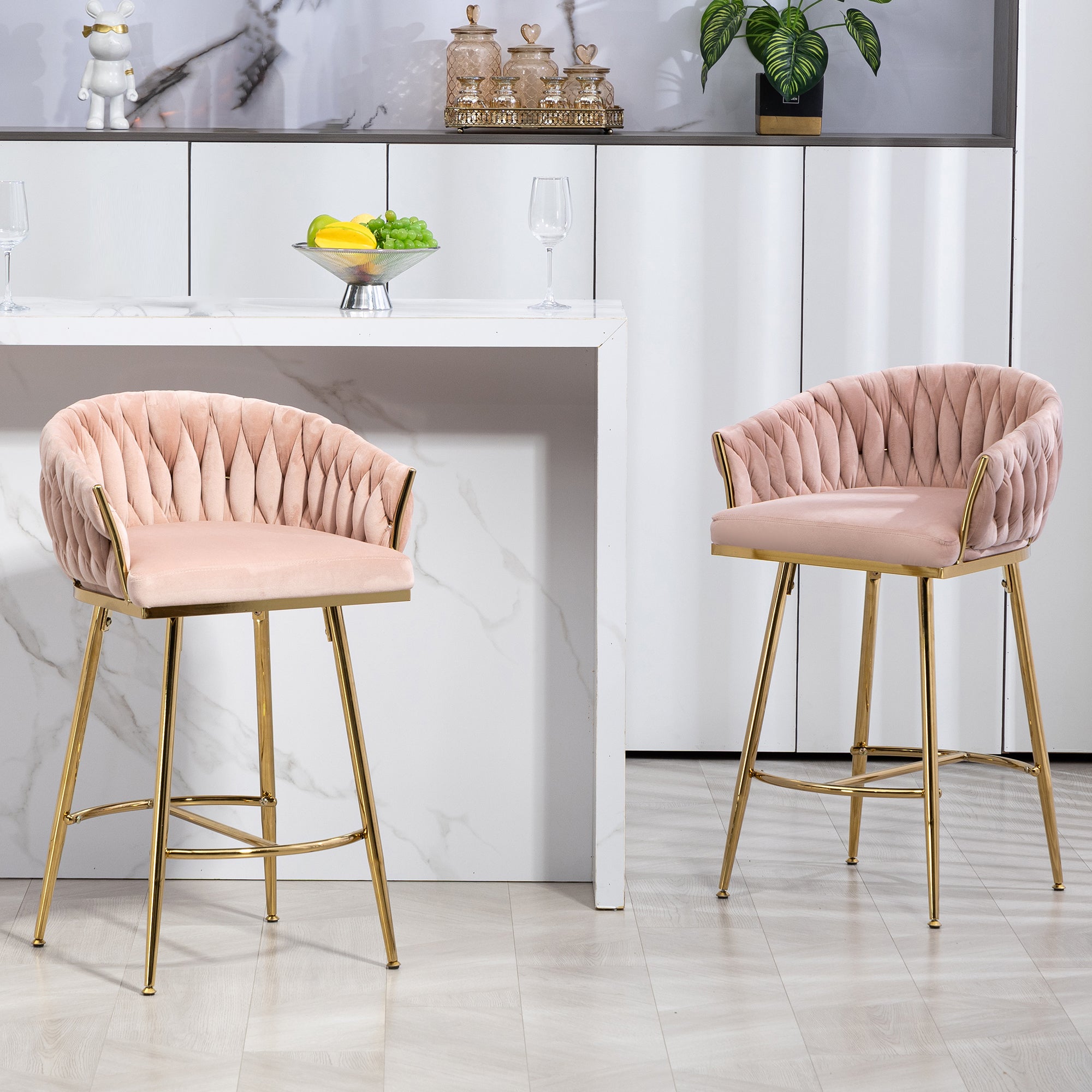 26'' Counter Height Bar Stools Set Of 2 Kitchen Island Counter Bar Stool With Hand Wave Back,Golden Chromed Base And Footrest Pink Pink Kitchen Modern Foam Velvet