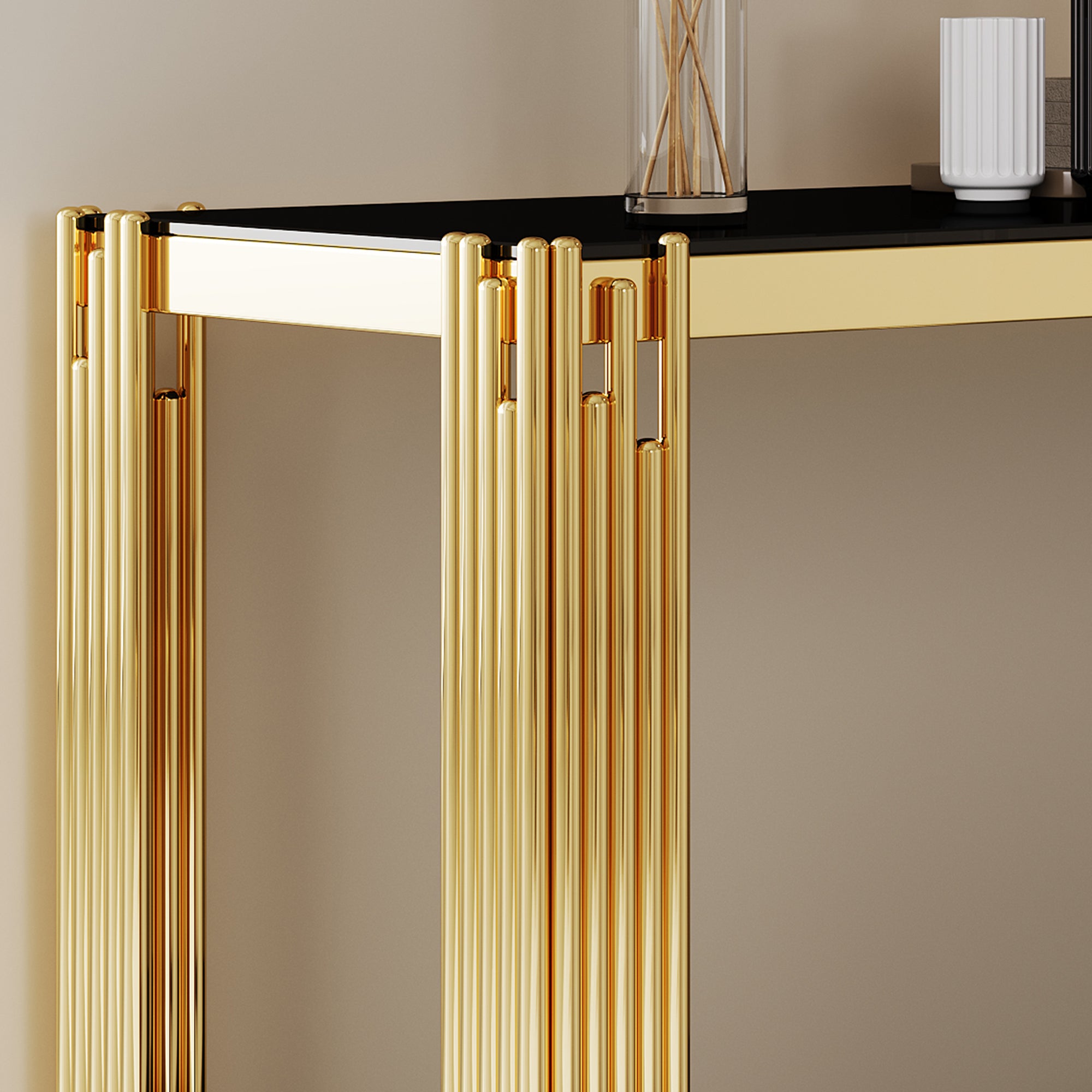 Modern Tempered Glass Top Console Table With Gold Stainless Steel Frame Gold Metal