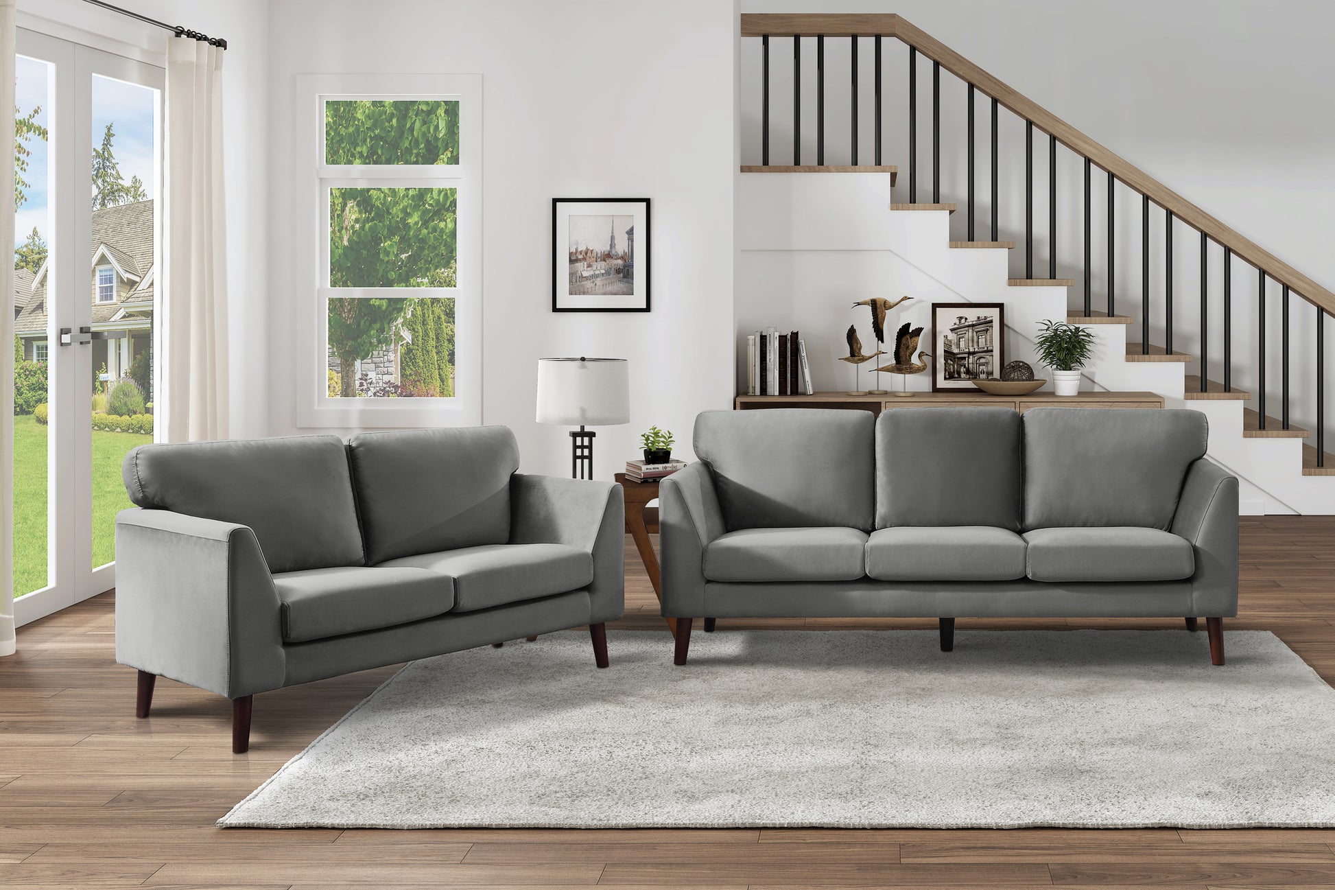 Modern Contemporary Living Room 1Pc Loveseat Gray Velvet Upholstery Dark Brown Legs Solid Wood Furniture Gray Velvet Wood Primary Living Space Modern Solid Wood