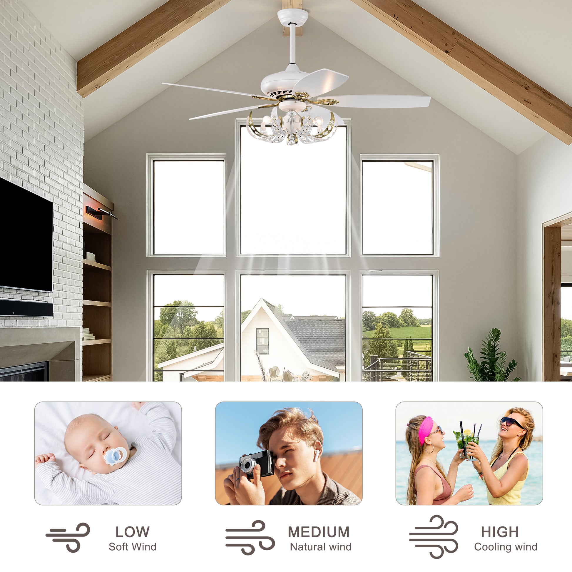 52" Crystal Ceiling Fan With 5 Reversible Blades Light Kit And Remote Control, 3 Speed Matte White Matte White American Traditional,Classic,Contemporary Crystal Metal