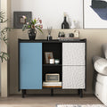 Sideboard Buffet Cabinet, Black Storage Cabinet With Red Doors2 Drawers With Unique Panel Styling And 2 Open Storage Compartment, Modern Coffee Bar Cabinet Accent Cabinet For Kitchen, Dining Room Black Blue Mdf