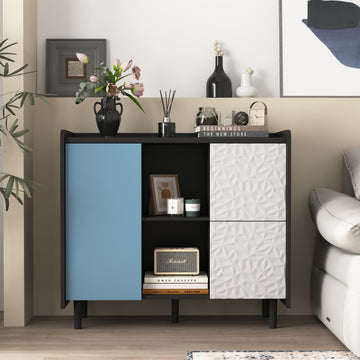 Sideboard Buffet Cabinet, Black Storage Cabinet With Red Doors2 Drawers With Unique Panel Styling And 2 Open Storage Compartment, Modern Coffee Bar Cabinet Accent Cabinet For Kitchen, Dining Room Black Blue Mdf