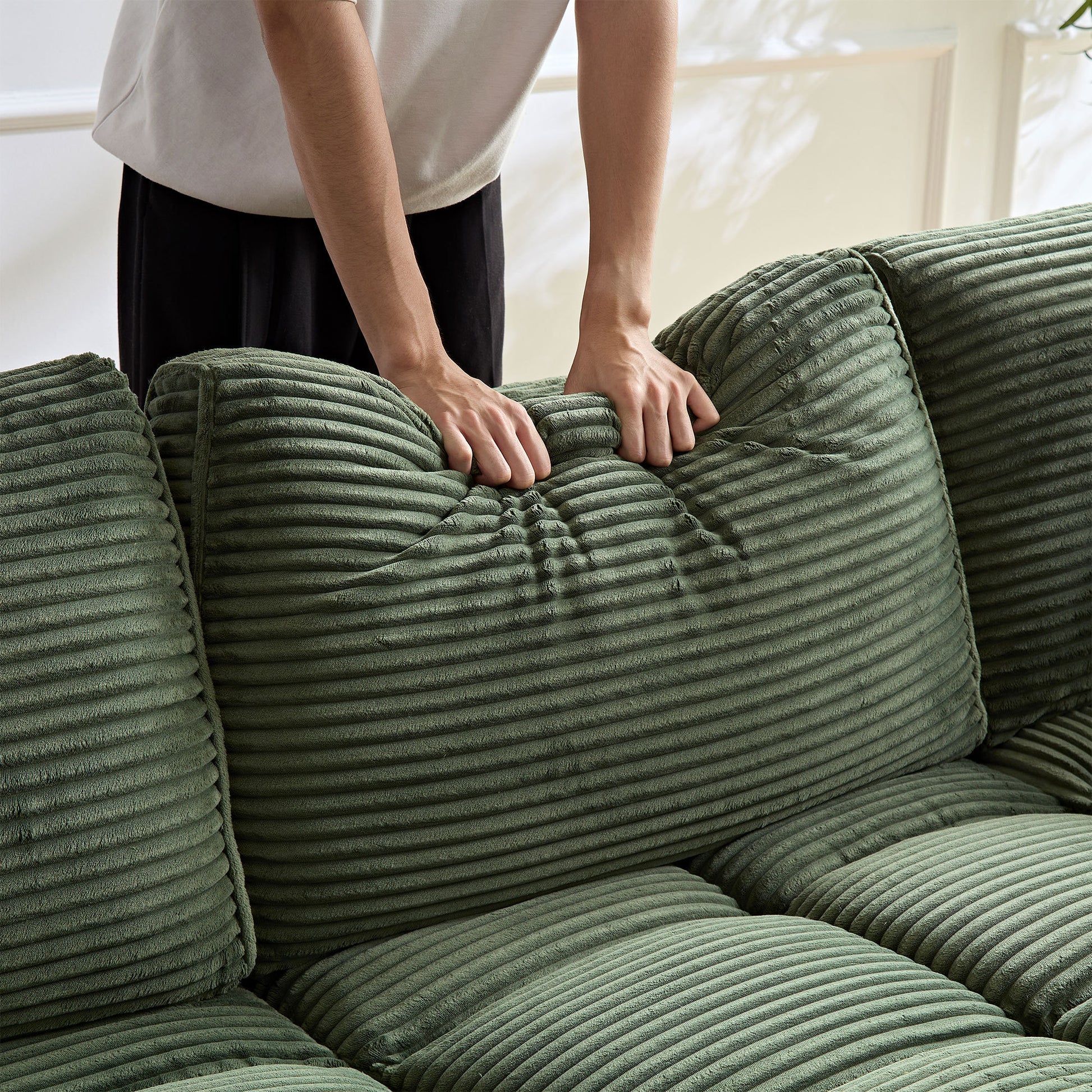 5 Seats,Oversized Sectional Sofa,L Shaped Corner Couch With Detachable Seat & Back Cushion, Corduroy Upholstery Convertible Sleeper Sofa&Couch For Living Room Green Fabric 5 Seat