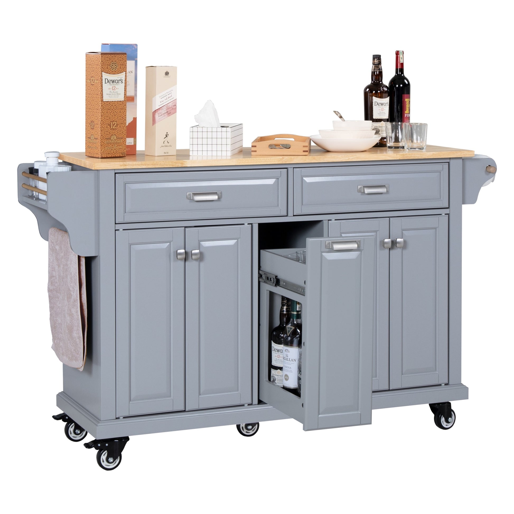 Kitchen Island With Rubber Wood Countertop, Kitchen Cart On 5 Wheels With Storage Cabinet And 2 Top Drawers And A Center Double Layered Storage Drawer For Dinning Room, Grey Grey Dining Room Rectangular Rubberwood Solid Wood Mdf Large 56 In