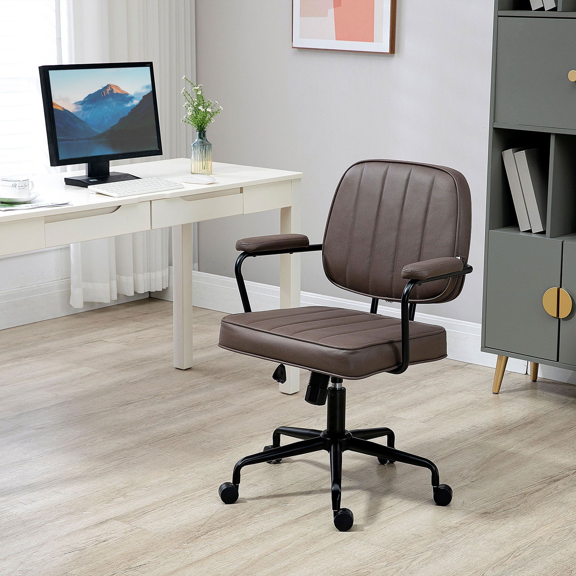 Vinsetto Home Office Chair, Microfiber Computer Desk Chair With Swivel Wheels, Adjustable Height, And Tilt Function, Light Brown Brown Polyester