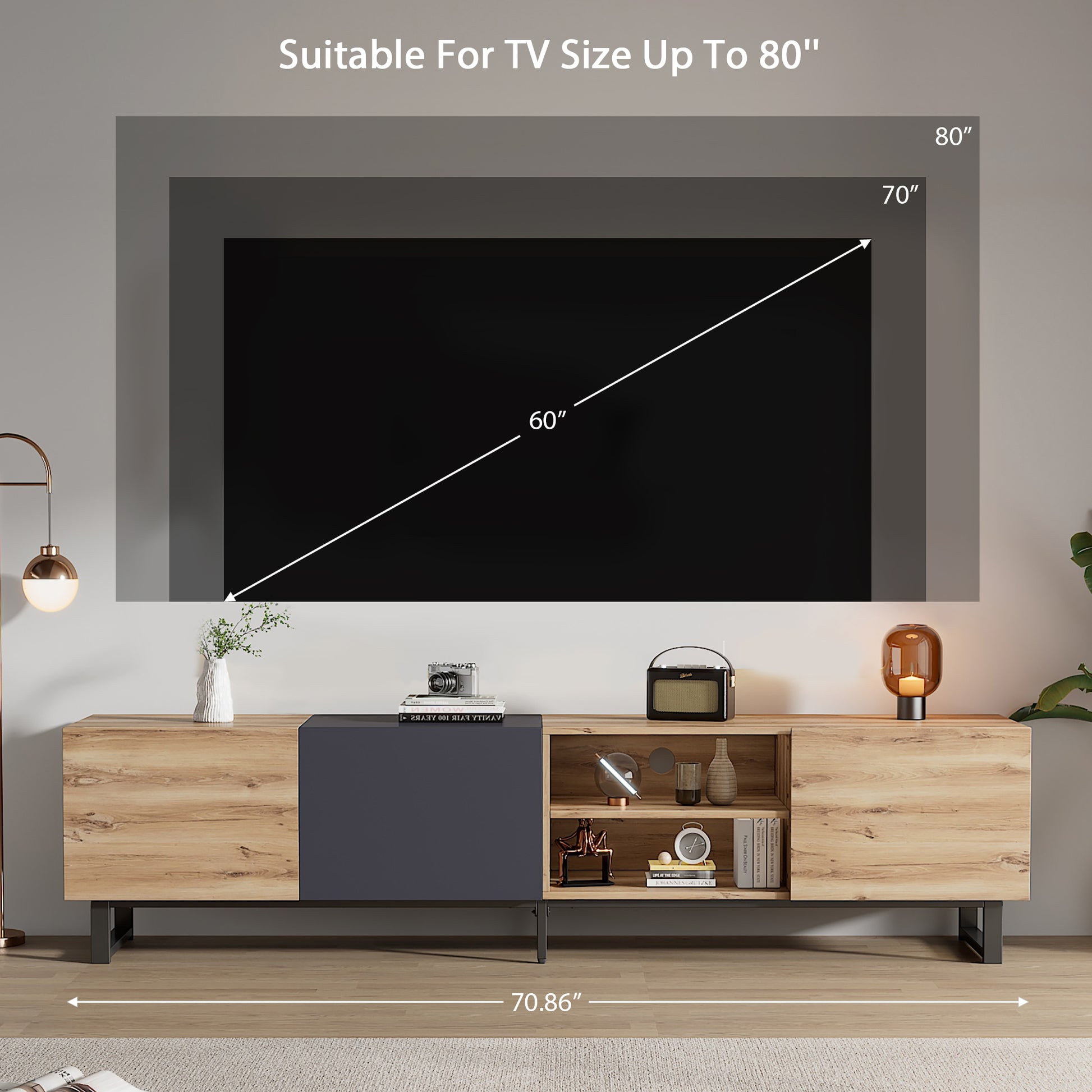 Modern Tv With 3 Cabinets& Open Shelves, Color Matching Media Console Table For Tvs Up To 80'', Entertainment Center With Drop Down Door For Living Room, Bedroom, Home Theatre Wood Brown Primary Living Space 70 79 Inches 70 79 Inches 70 Inches Particle