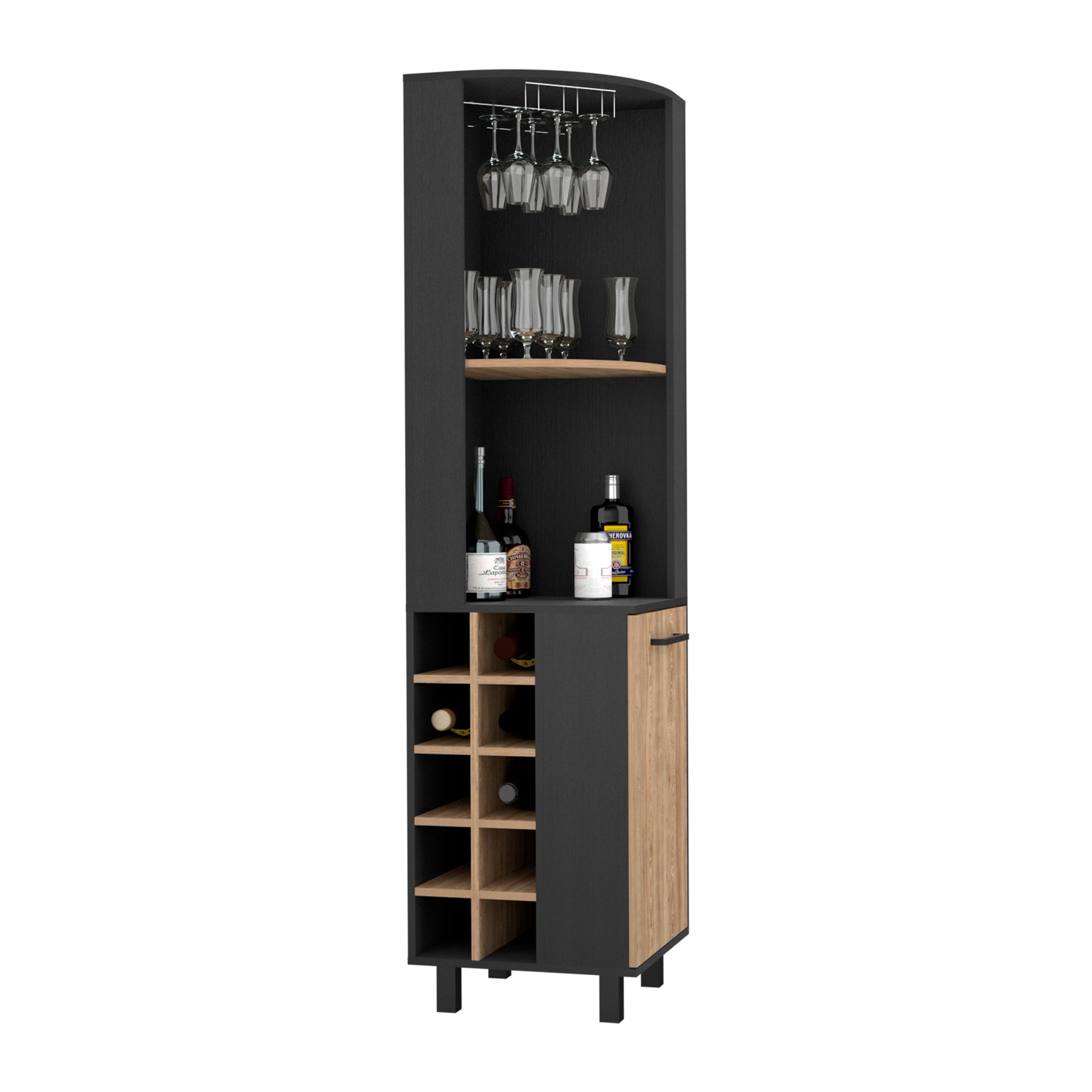 Corner Bar Single Door Cabinet Two Shelves, Ten Built In Wine Rack, Two Interior Shelves, Black Pine Multicolor Solid Wood Mdf Engineered Wood