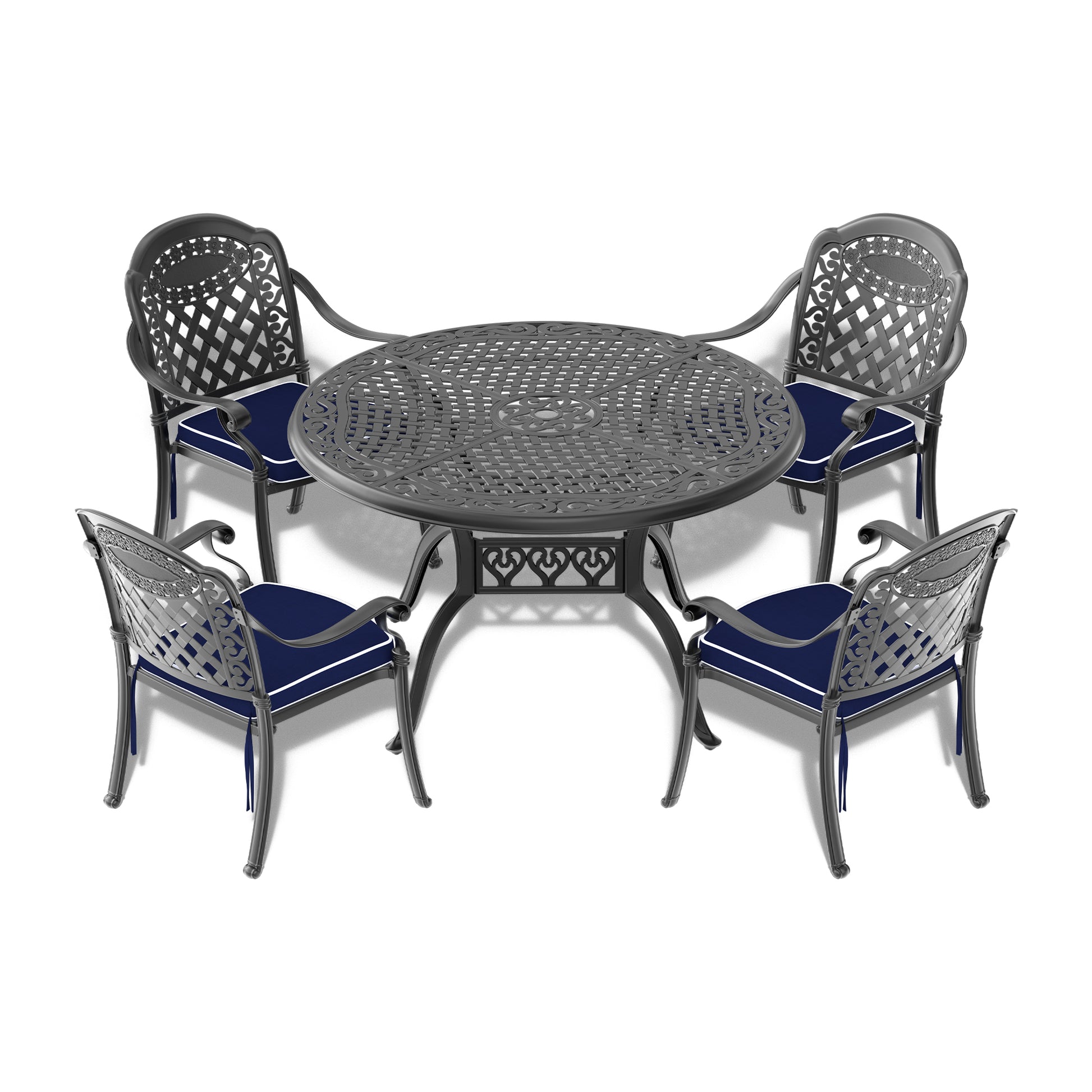 Cushions In Random Colors 5 Piece Set Of Cast Aluminum Patio Furniture With Cushions Yes Dining Set Black Seats 4 Rust Resistant Frame Water Resistant Cushion Garden & Outdoor Complete Patio Sets Aluminium