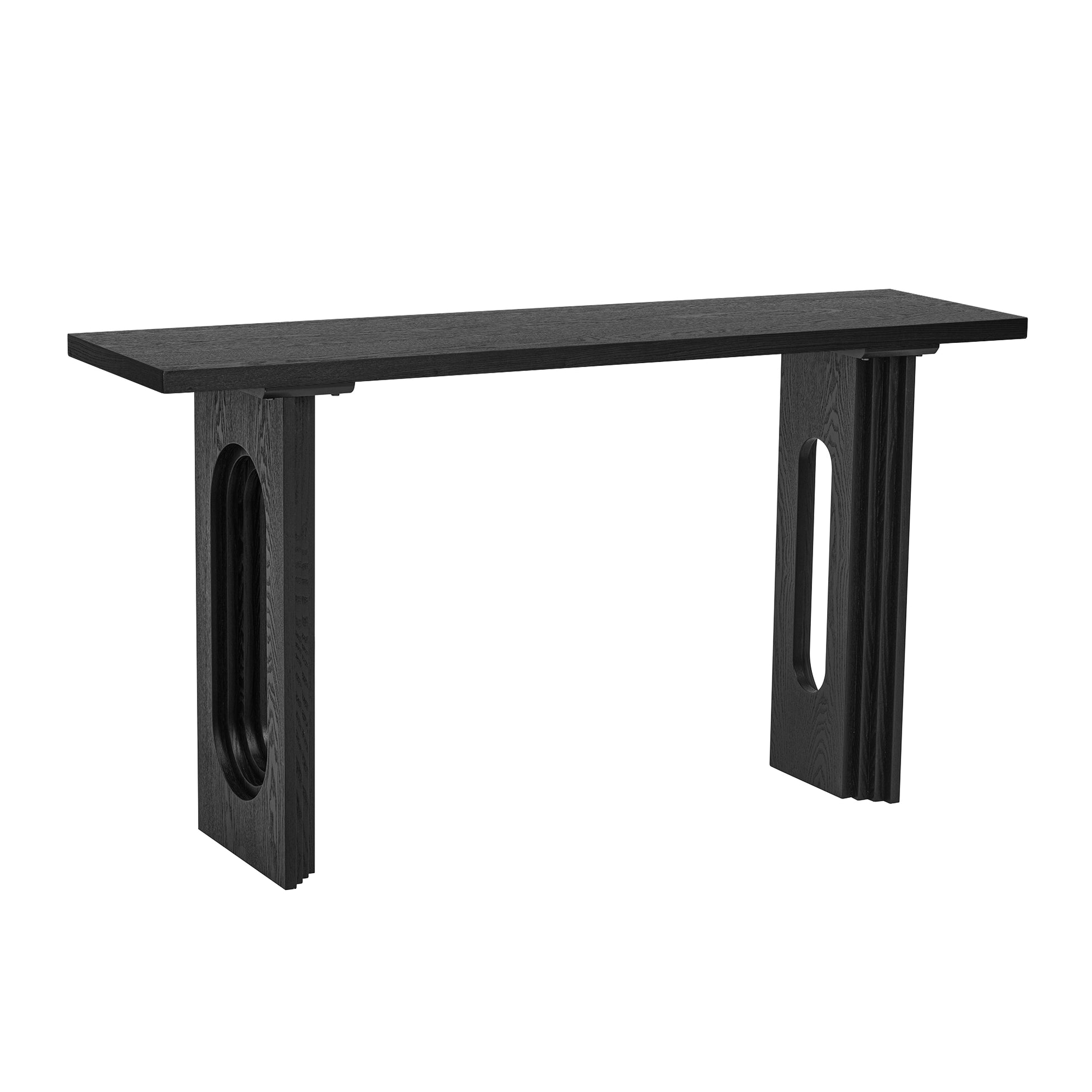 Uniquely Designed Console Table Made Of Fraxinus Mandschuric Solid Wood Veneer,With Distinctive Round Hollow Legs, Suitable For Foyer, Living Room, Or Hallway. Black Mdf