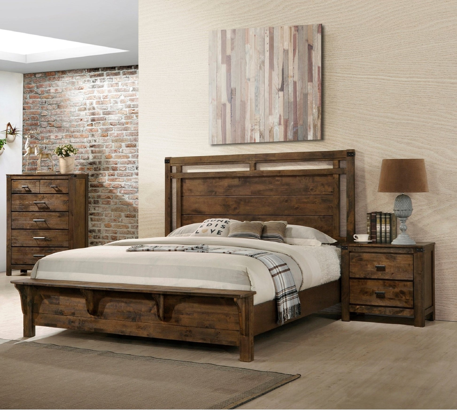1Pc Rustic Industrial Style Brown Finish King Size Panel Bed W Built In Bench Footboard Solid Wood Wooden Bedroom Furniture Queen Brown Brown Wood Bedroom Contemporary,Industrial,Rustic Solid