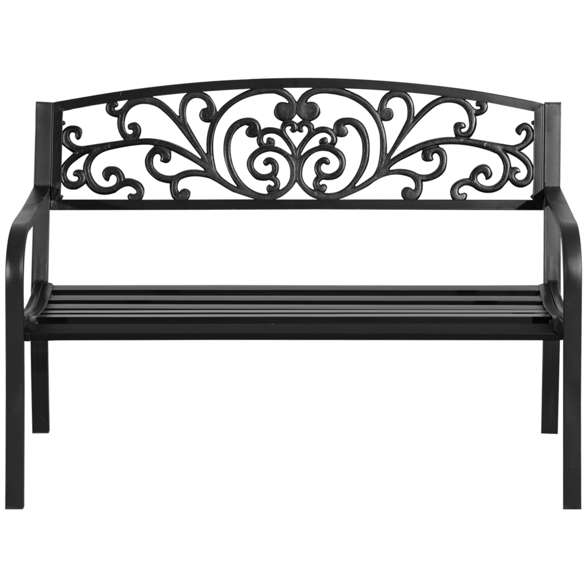 Outsunny 50" Outdoor Bench, Metal Garden Bench With Floral Pattern Backrest, Porch Bench With Slatted Seat For Park, Yard, Lawn, Black Black Iron