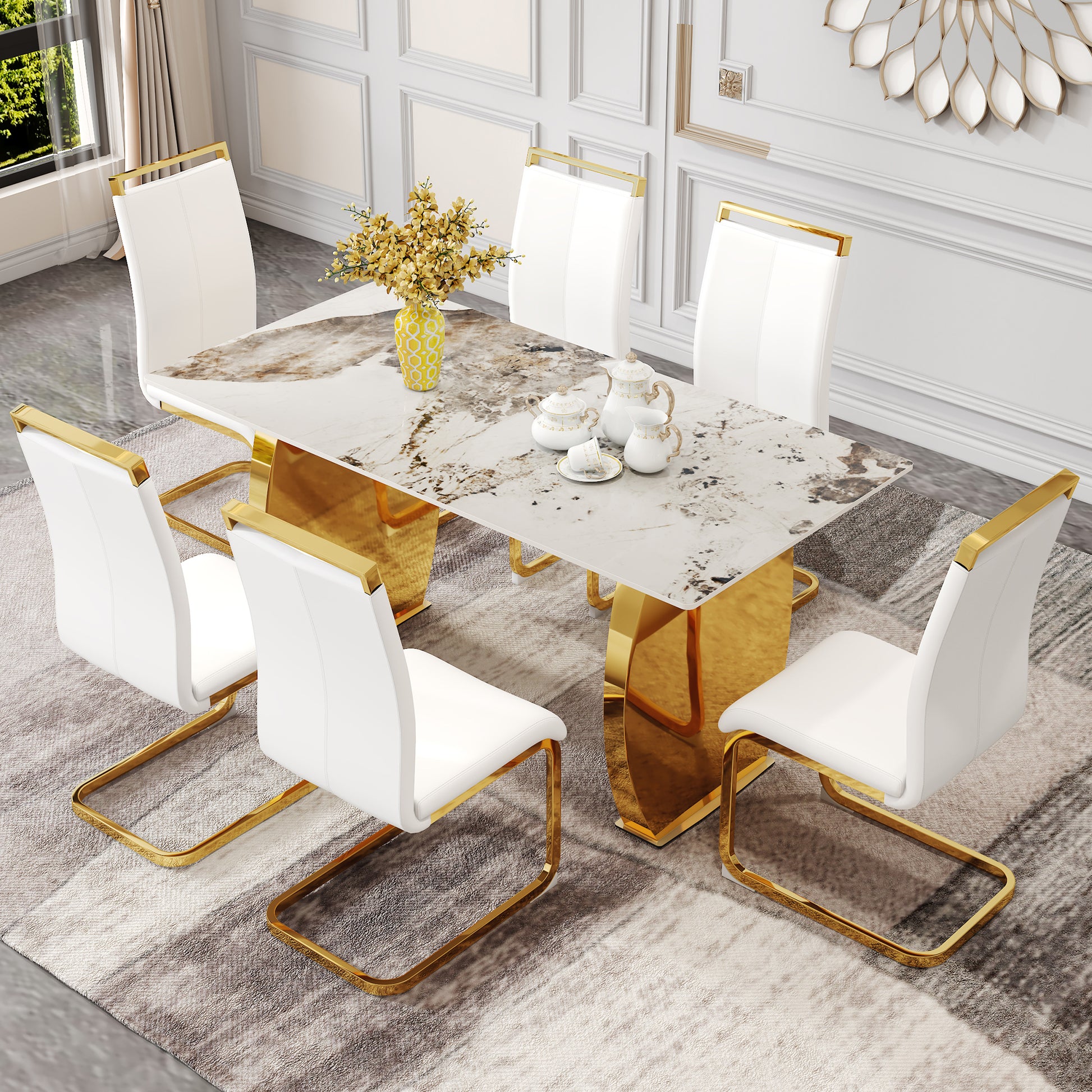Table And Chair Set, Rock Plate Table Top, Gold Metal Table Legs, Stab