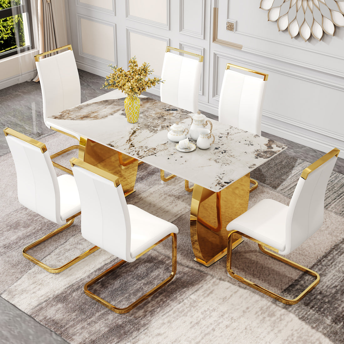 Table And Chair Set, Rock Plate Table Top, Gold Metal Table Legs, Stable And Beautiful, Suitable For Most Home Styles. Modern Simple Dining Table, Comfortable Seating. White Gold Seats 6 Sintered Stone