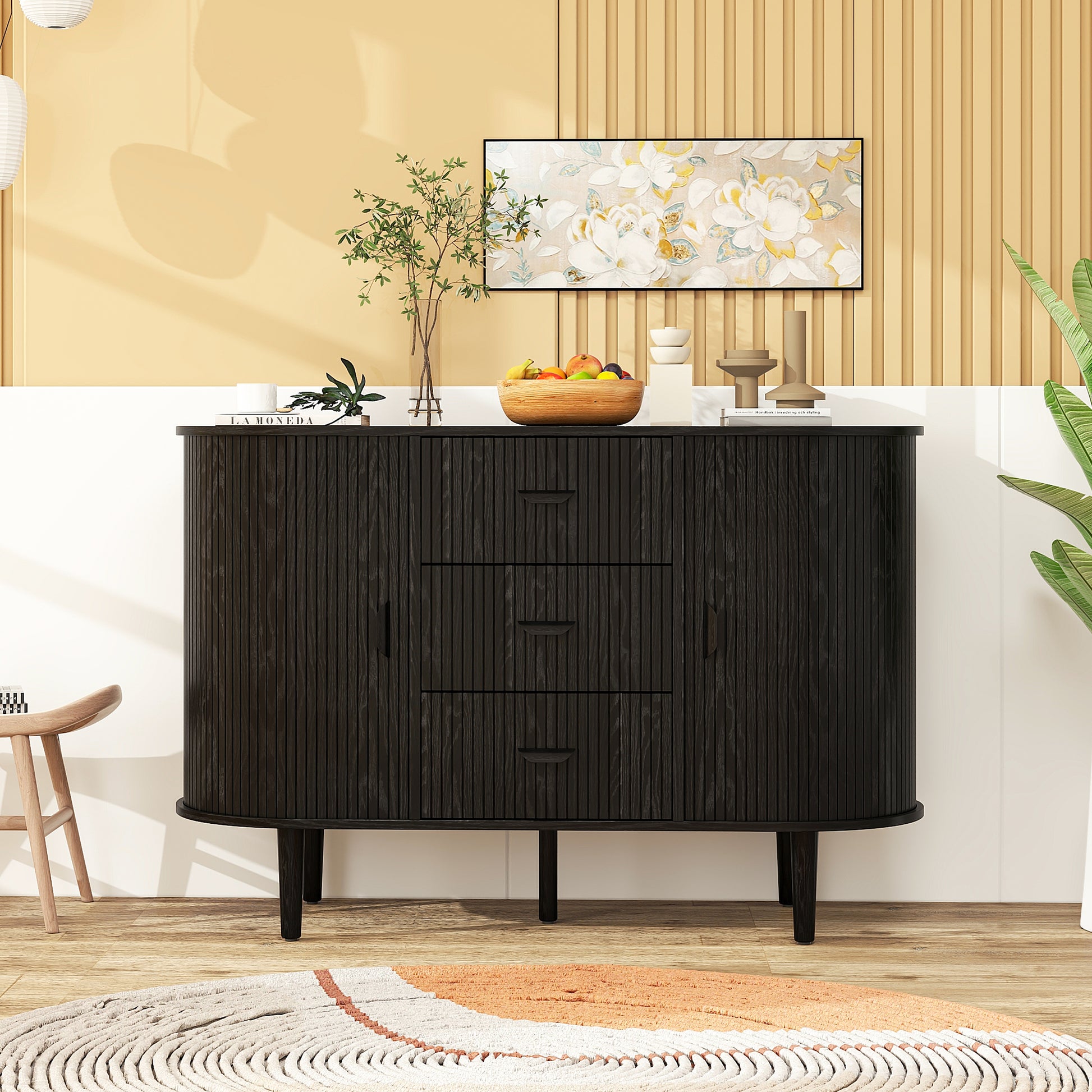 Sideboard Buffet Storage Cabinetaccent Cabinet With Smoothly Sliding Tambour Doorsmodern Kitchen Buffet Cabinet With 3 Drawer And 2 Doors For Living Room Dining Room Black Mdf