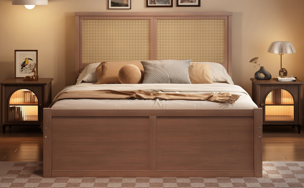 Queen Size Wood Storage Platform Bed With 4 Drawers, Rattan Headboard, Espresso Box Spring Not Required Queen Antique Espresso Wood Bedroom Bed Frame Wood Rattan