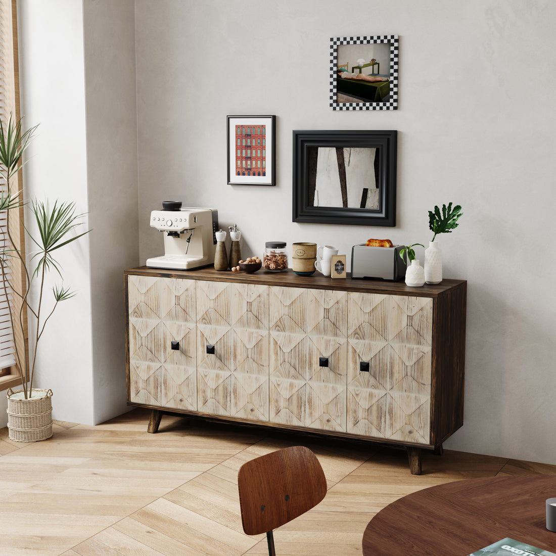 59.84" 4 Doors Vintage Sideboard ,Freestanding Sideboard Storage Cabinet Entryway Floor Cabinet For Living Room Office Bedroom,Natural Natural Mdf Metal