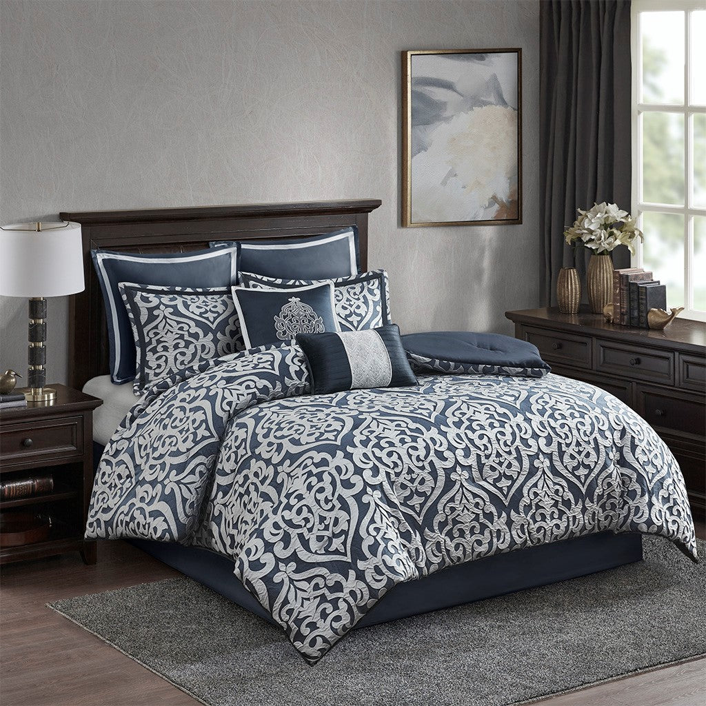 8 Piece Jacquard Comforter Set Navy Silver King King Navy Silver Polyester