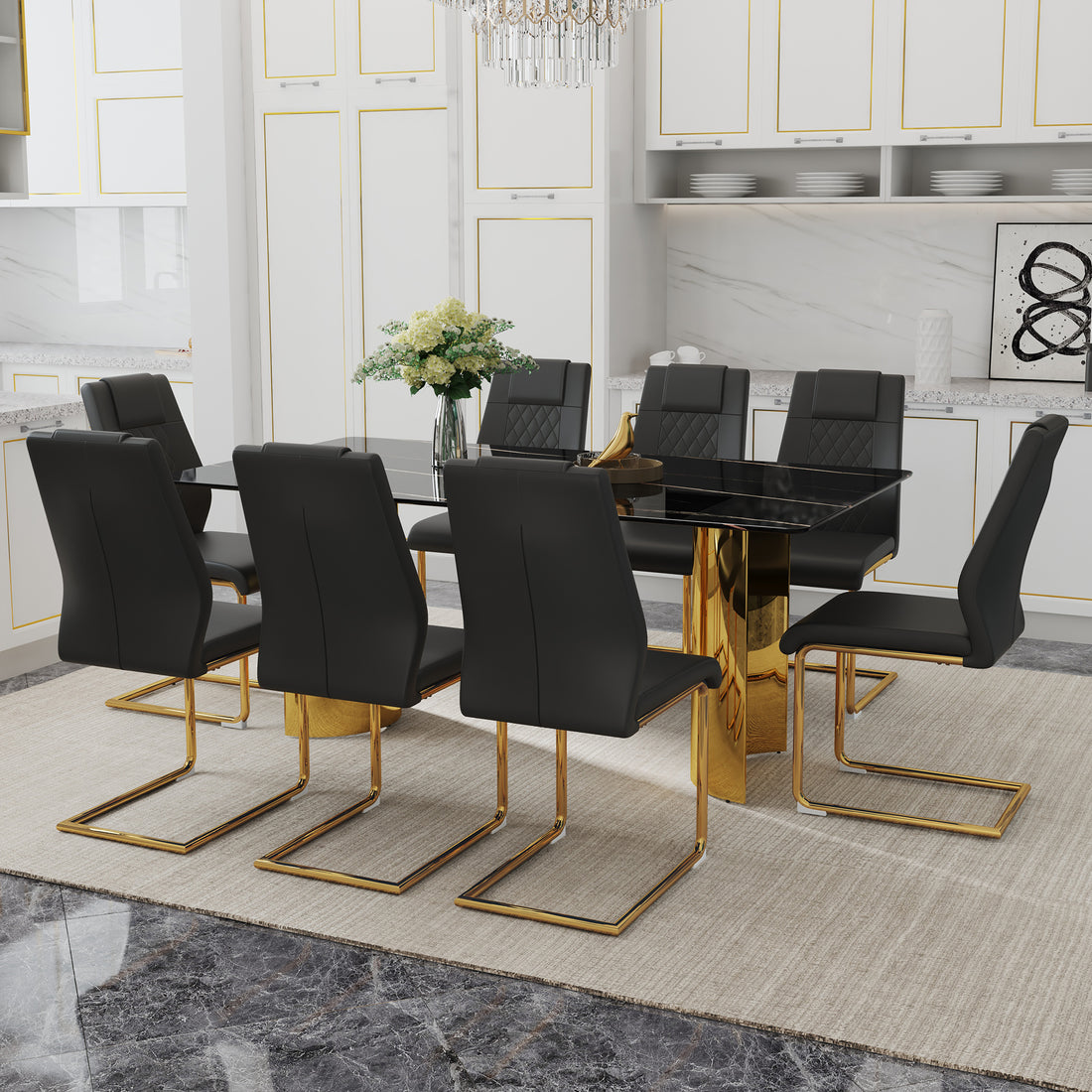 Table And Chair Set.The Table Has A Glass Tabletop With Imitation Marble Pattern Stickers And Stainless Steel Golden Table Legs. Paried With Comfortable Chairs With Pu Seats And Metal Legs. Gold Black Seats 8 Glass Metal