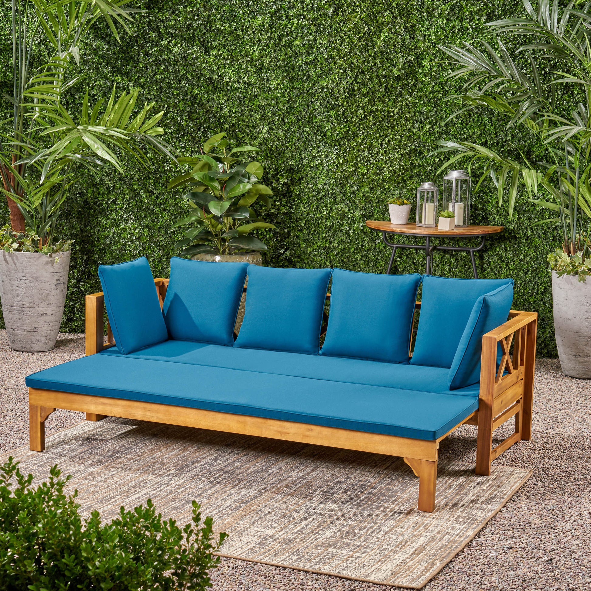 Long Beach Sofa Daybed Teak Pe Rattan Iron Waterproof Fabric