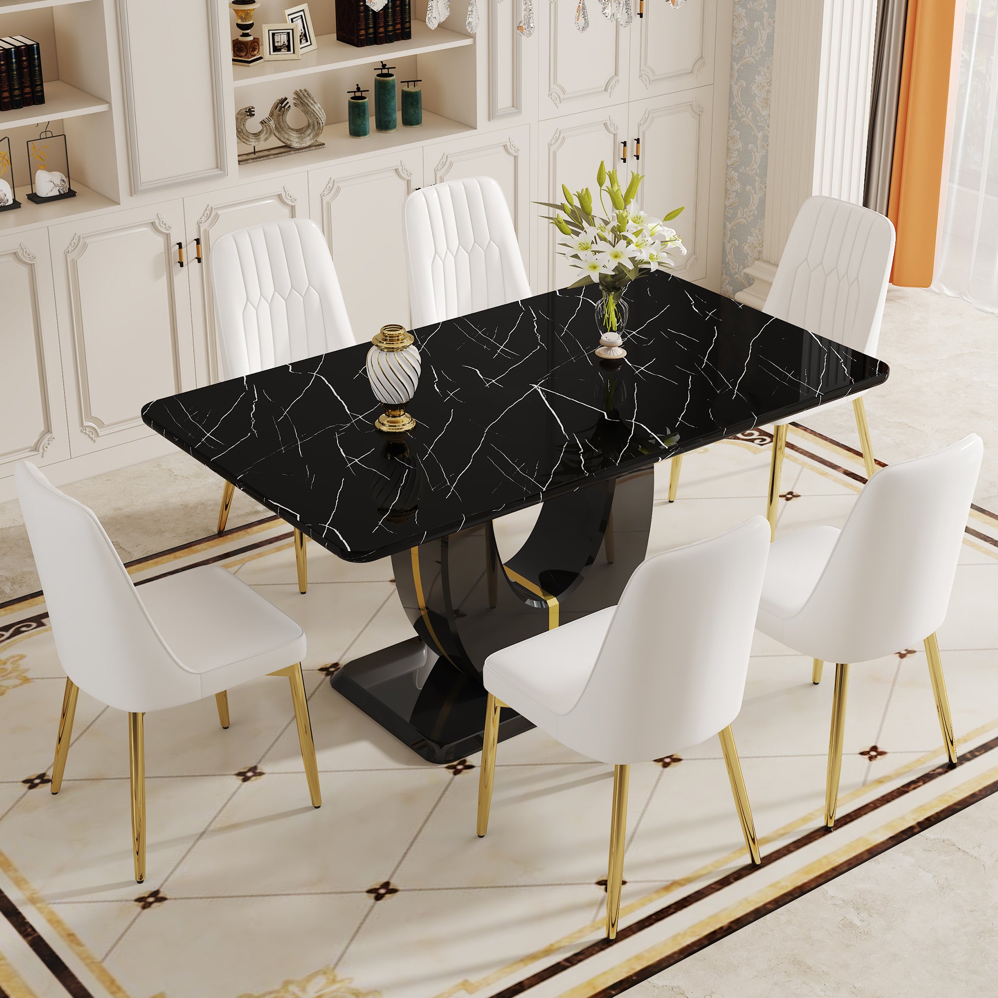 Table And Chair Set.63"W X 37"D X 30"H Black Marble Mdf Diningtable Set With 6 White Pu Chairs With Gold Metal Legs.Bring A Comfortable Home Experience To The Kitchen, Bedroom, And Office. White