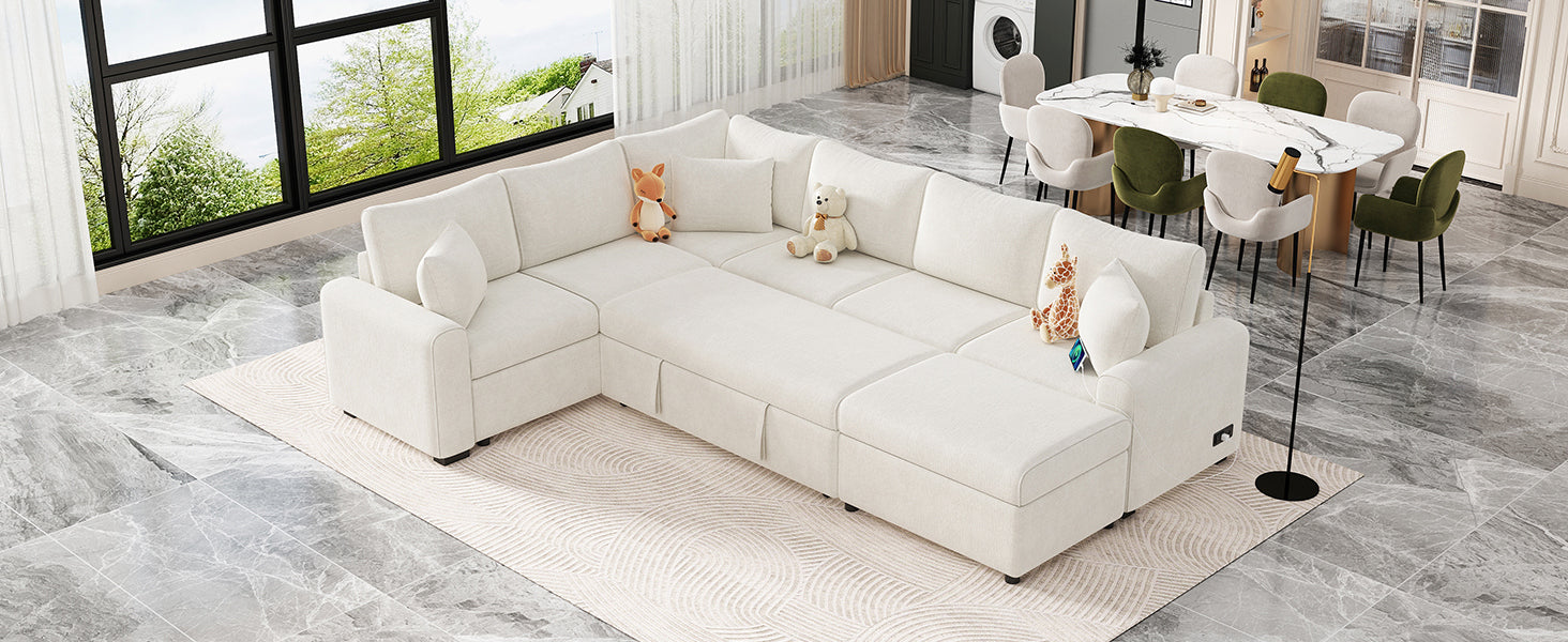 112.2" Sectional Sofa Pull Out Sofa Bed Sleeper With A Storage Ottoman,Three Pillows And Charging Devices For Living Room, Cream Cream Foam Chenille 6 Seat