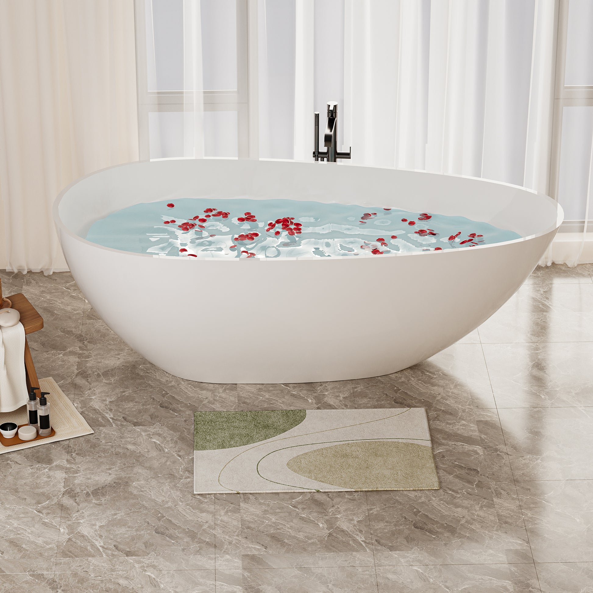 59" Freestanding Solid Surface Bathtub, Luxury Handcrafted Stone Resin Freestanding Soaking Bathtub With Overflow And Pop Up Drain, Glossy White 24S02 59Gw White Bathroom Freestanding Tubs Solid Surface