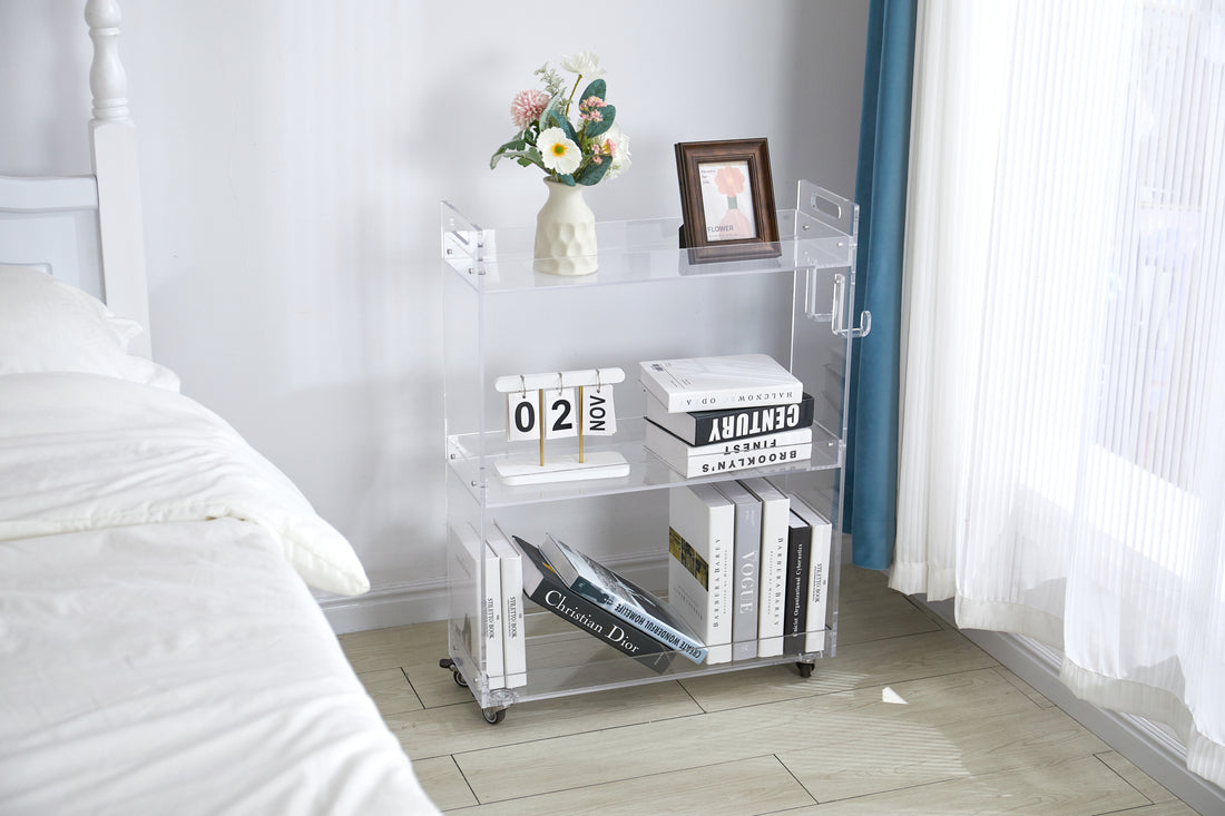 Acrylic Rolling Side Table 3 Tiers End Table With Lockable Wheels Small Clear Table For Living Room Clear Acrylic