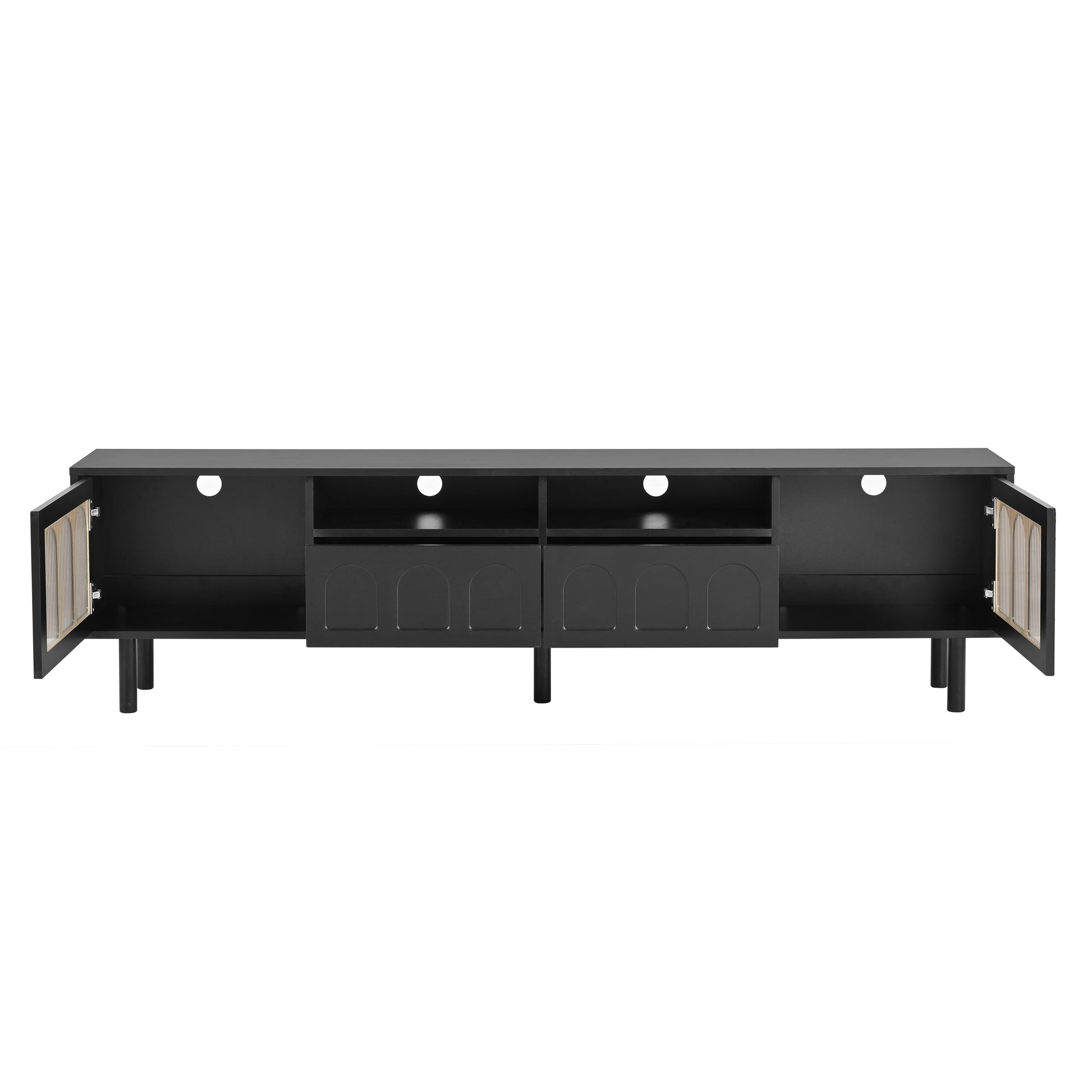 Cream Style Tv Stand With Led Light Strip For Tvs Up To 80'', Graceful Entertainment Center With 5 Solid Wood Legs, Large Storage Media Console With Fluted Tempered Glass Doors, Black Black 80 89 Inches Particle Board