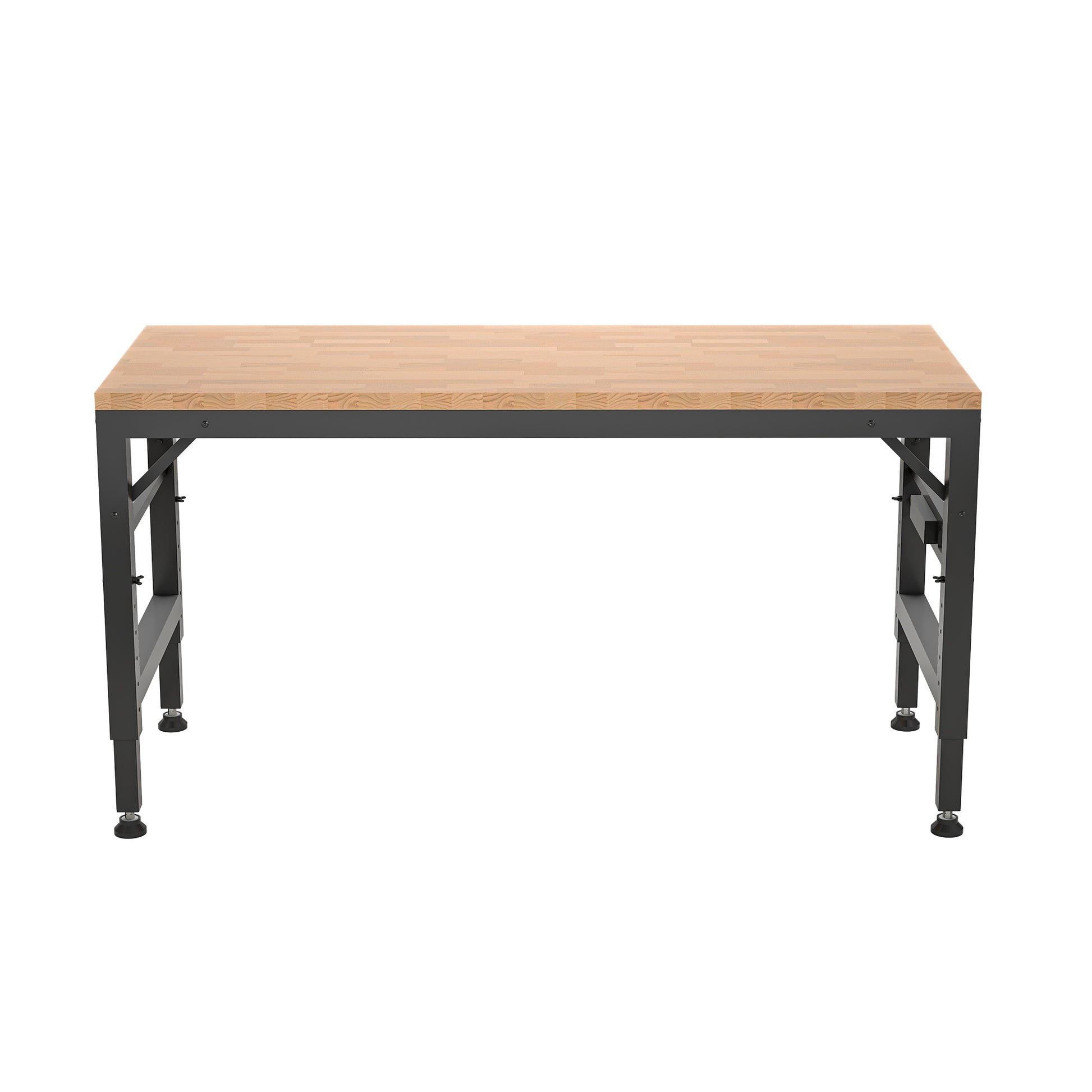 Adjustable Height Workbench, 60" Rubber Wood Top Heavy Duty Workstation With Power Outlets, 2000 Lbs Load Capacity Hardwood Worktable For Workshop, Garage, Office, Home, Commercial Black Metal & Wood