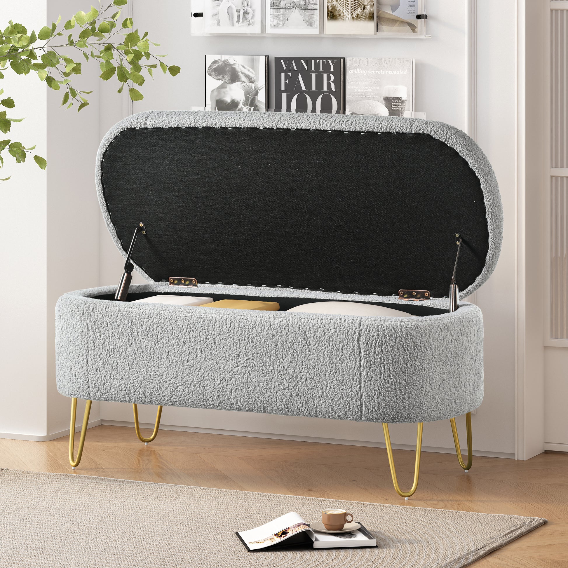 Oval Storage Bench For Living Room Bedroom End Of Bed, Upholstered Storage Ottoman Entryway Bench With Metal Legs,Grey Wood Primary Living Space Solid Grey Pine With Storage Grey Polyester Polyester Or Polyester Blend Backless Modern Oval Flip Top