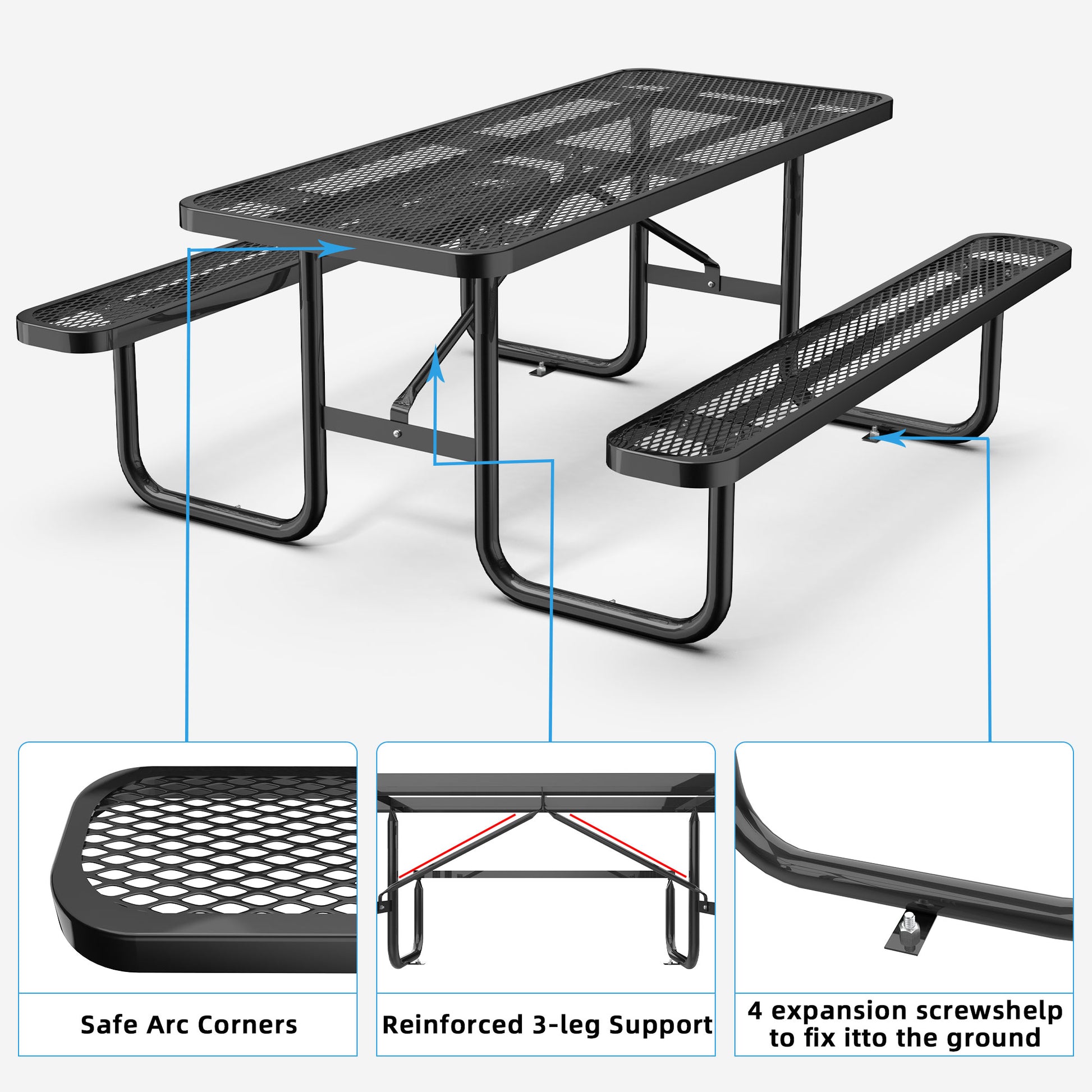 72" Expanded Metal Rectangular Picnic Table, Black Black Steel Steel