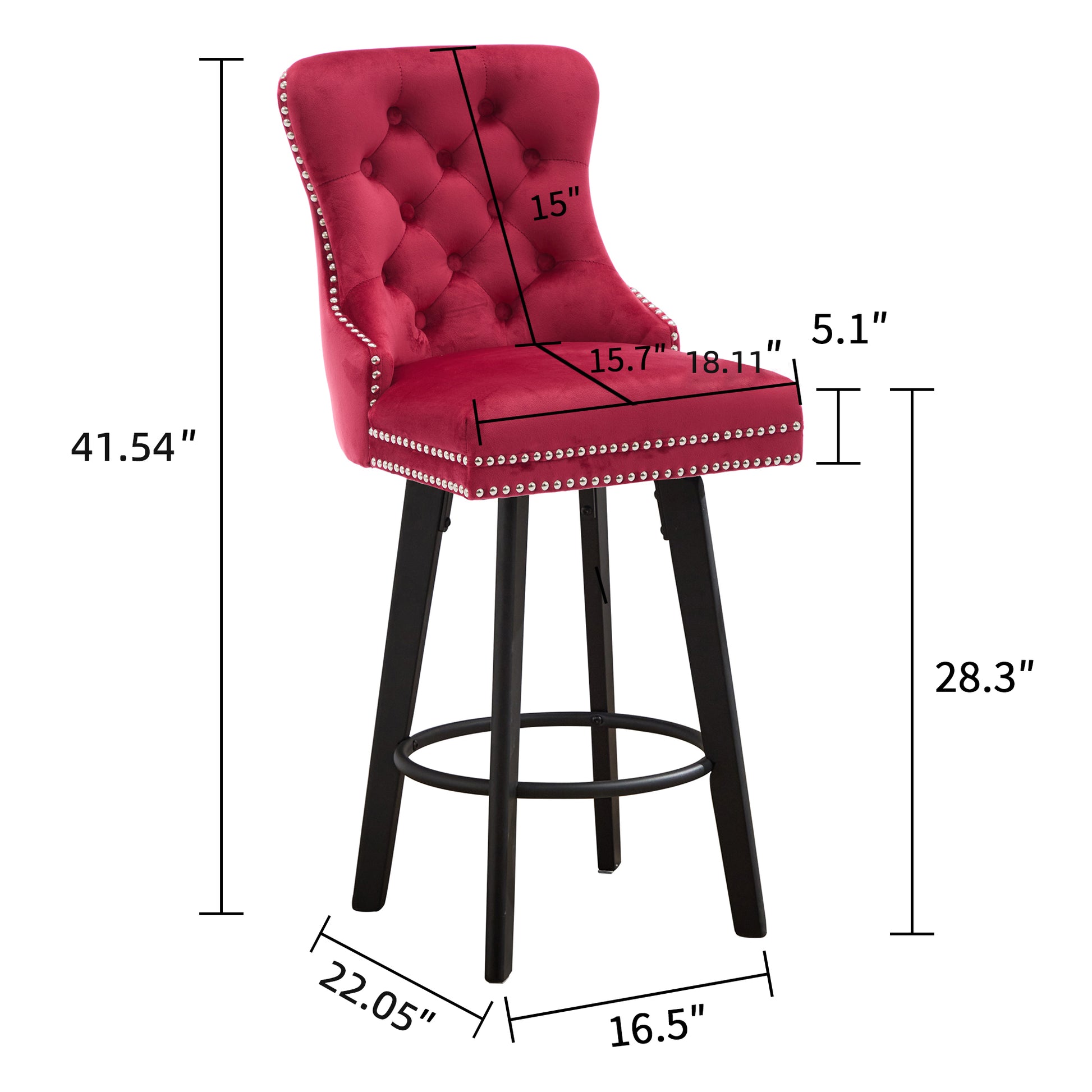 Modern Swivel Bar Stools Velvet Barstools Button Tufted Bar Stools Rivet Trim Bar Stools For Kitchen Island,Bistro, With Metal Pull Ring Sturdy Footrest Large Backrest For Home Bar Red Velvet