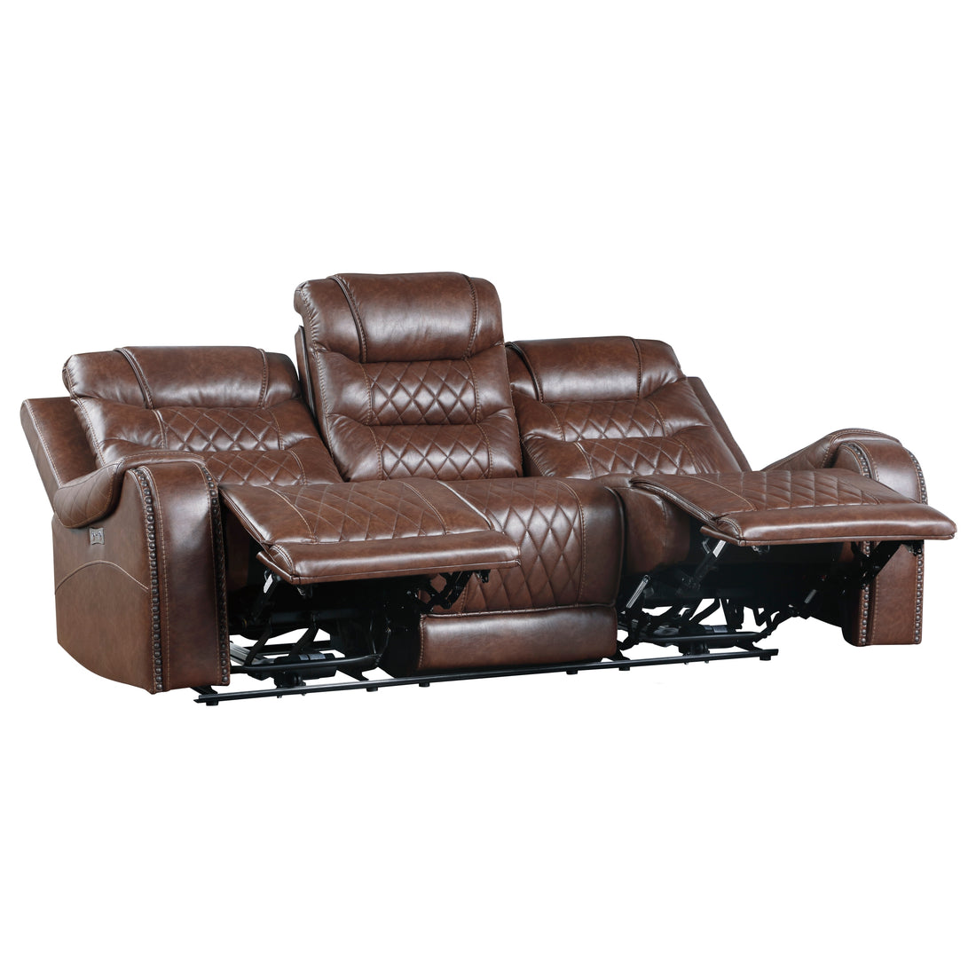 Luxurious Living Room Furniture Brown Diamond Pattern Stitching 1Pc Power Double Reclining Sofa With Center Drop Down Cup Holders, Usb Ports,Faux Leather Upholstery Brown Faux Leather Wood Primary Living Space Luxury,Modern Solid Wood 3 Seat