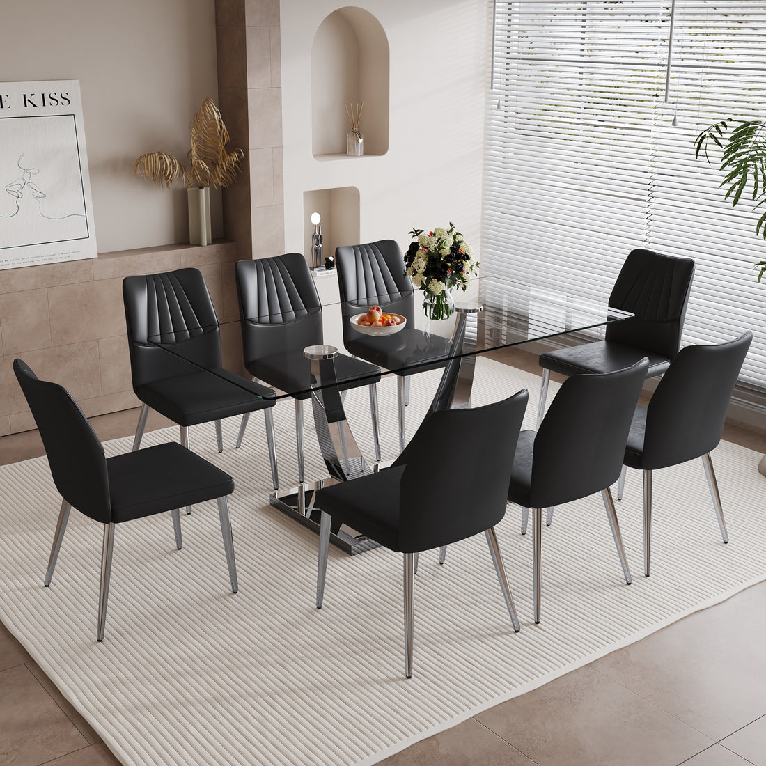 Table And Chair Set.Contemporary, Minimalist Rectangular Dining Table Featuring A Clear Tempered Glass Top And Sleek Silver Legs. Paried With Chairs Made Of Pu Material Cushion And Silver Metal Legs. Black Seats 8 Glass Metal
