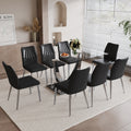 Table And Chair Set.Contemporary, Minimalist Rectangular Dining Table Featuring A Clear Tempered Glass Top And Sleek Silver Legs. Paried With Chairs Made Of Pu Material Cushion And Silver Metal Legs. Black Seats 8 Glass Metal