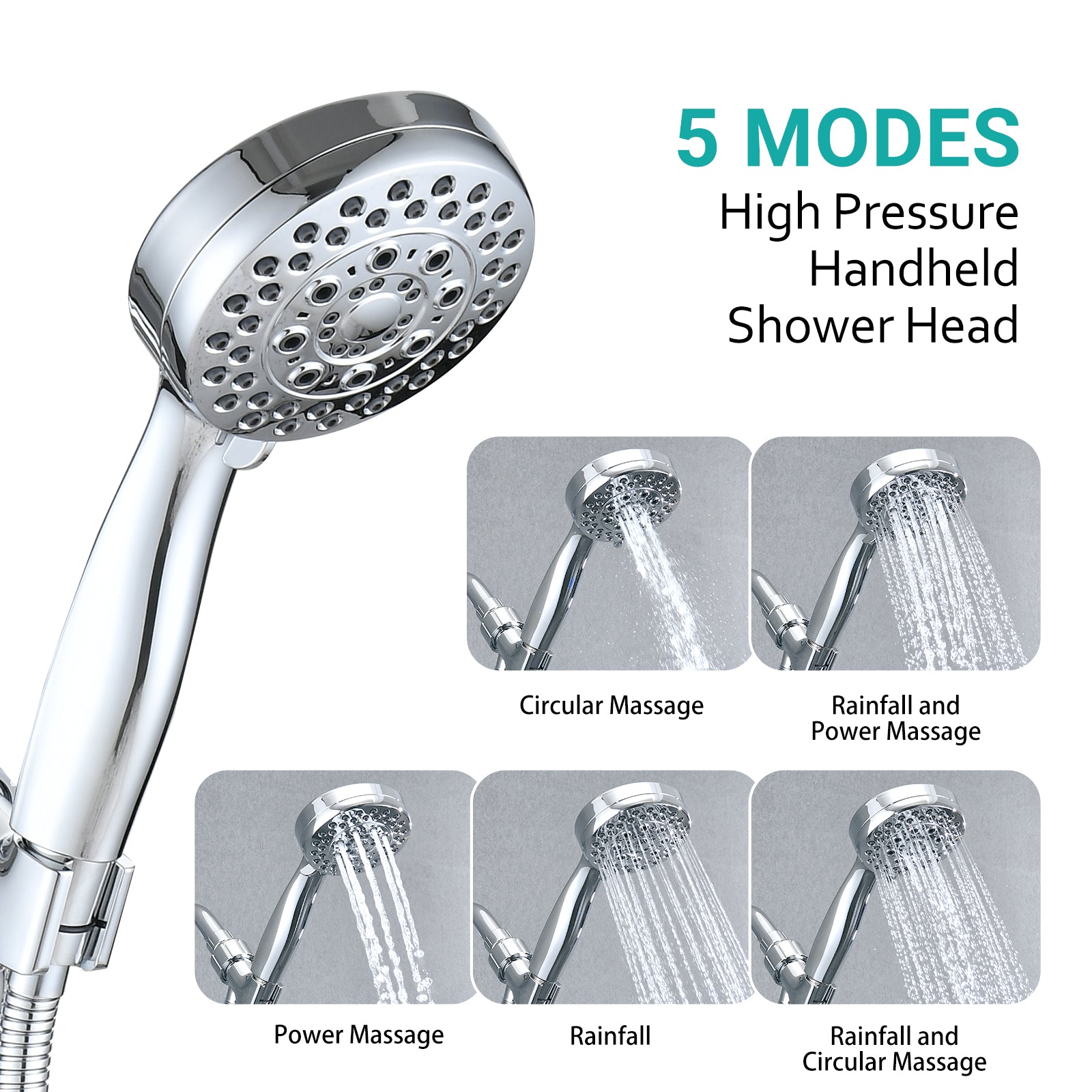 Polished Chrome Wall Mounted Handheld Shower Head With 5 Adjustable Settings And Hose Chrome Stainless Steel