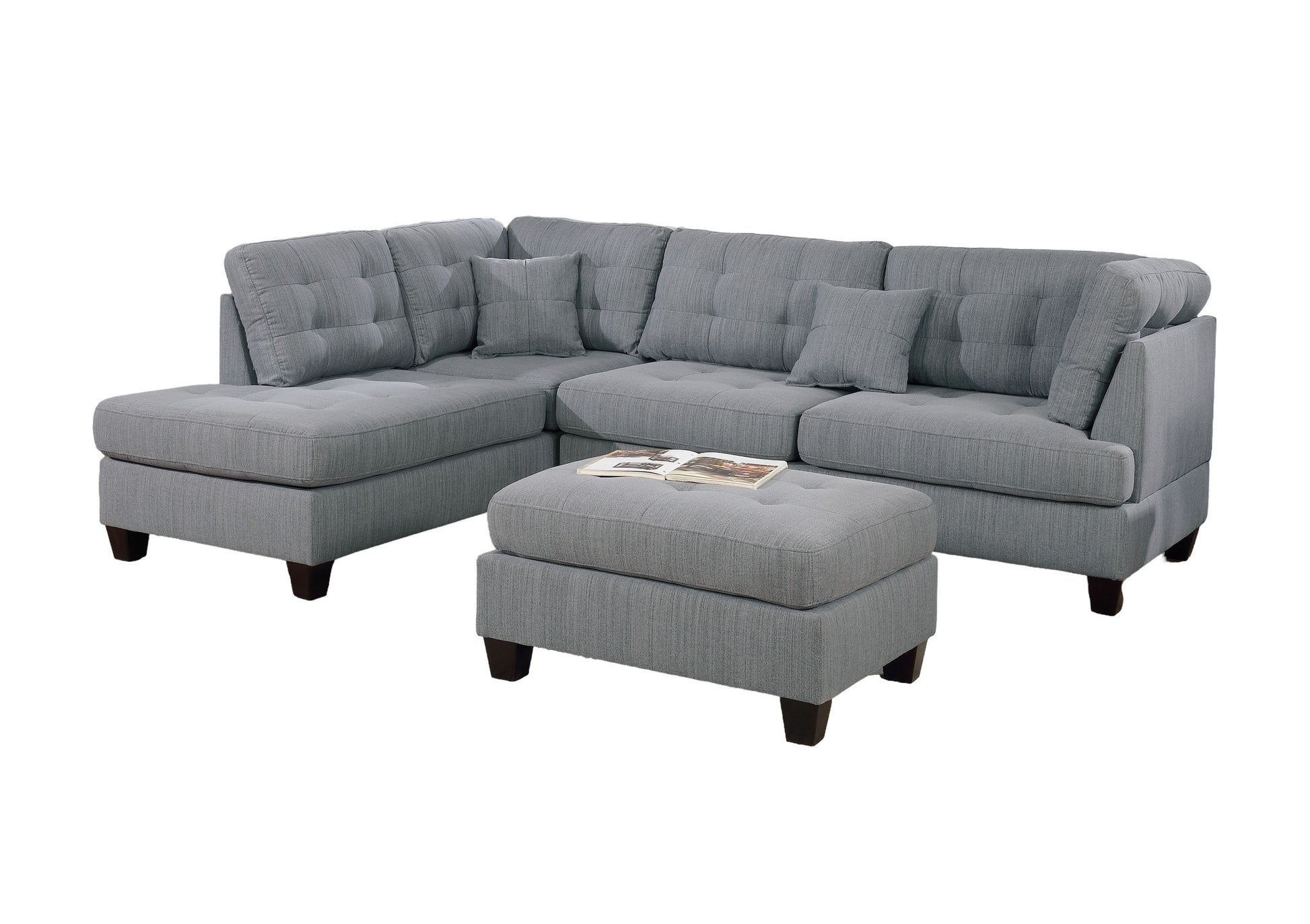 Modern 3Pc Sectional Sofa Set Reversible Chaise Sofa Ottoman Gray Linen Like Fabric Living Room Furniture Couch Grey Wood Primary Living Space Tufted Back Contemporary,Modern L Shaped Particle Board 5 Seat