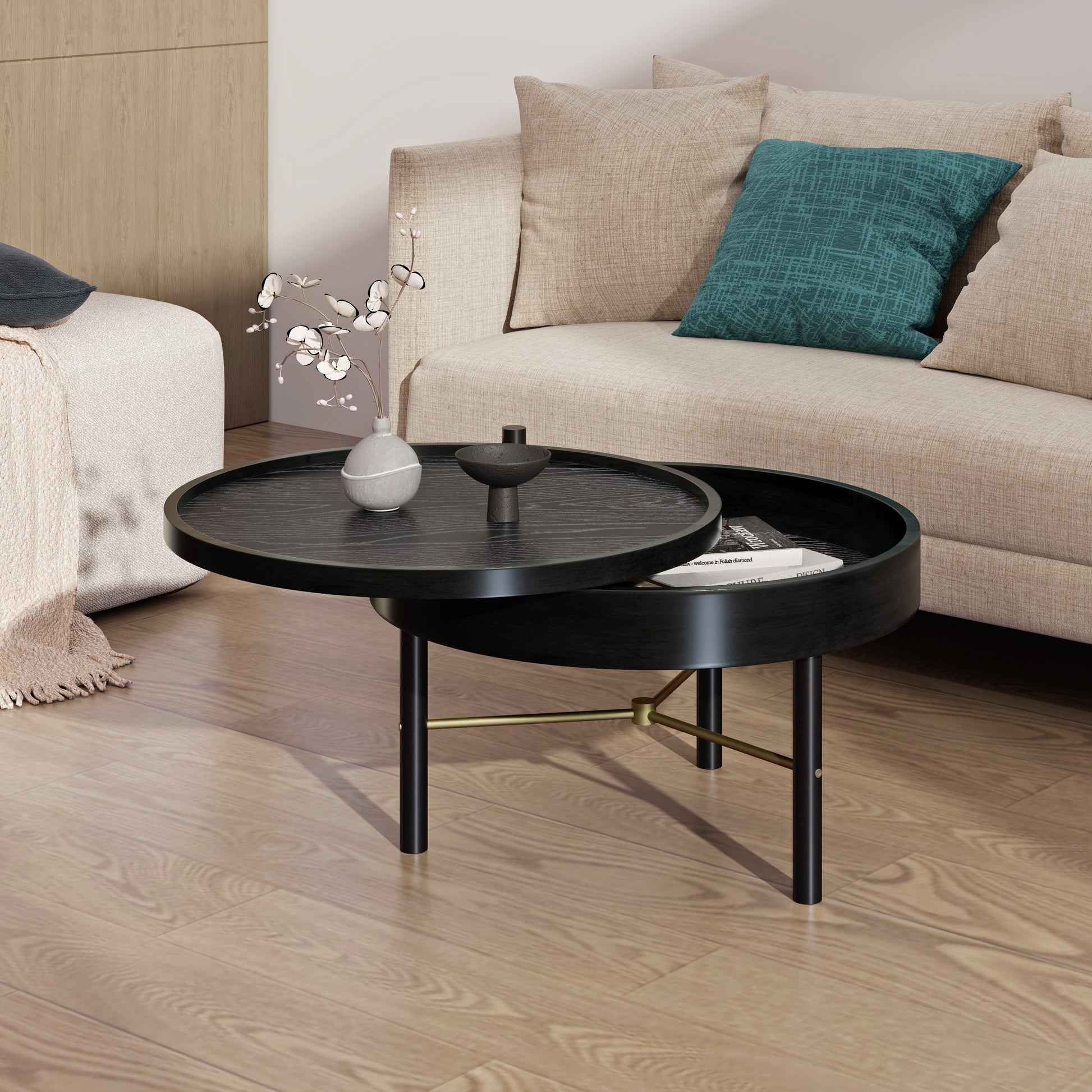 Modern Round Wood Rotating Tray Coffee Table With Storage & Metal Legs In Black Black Metal,Rubber Wood
