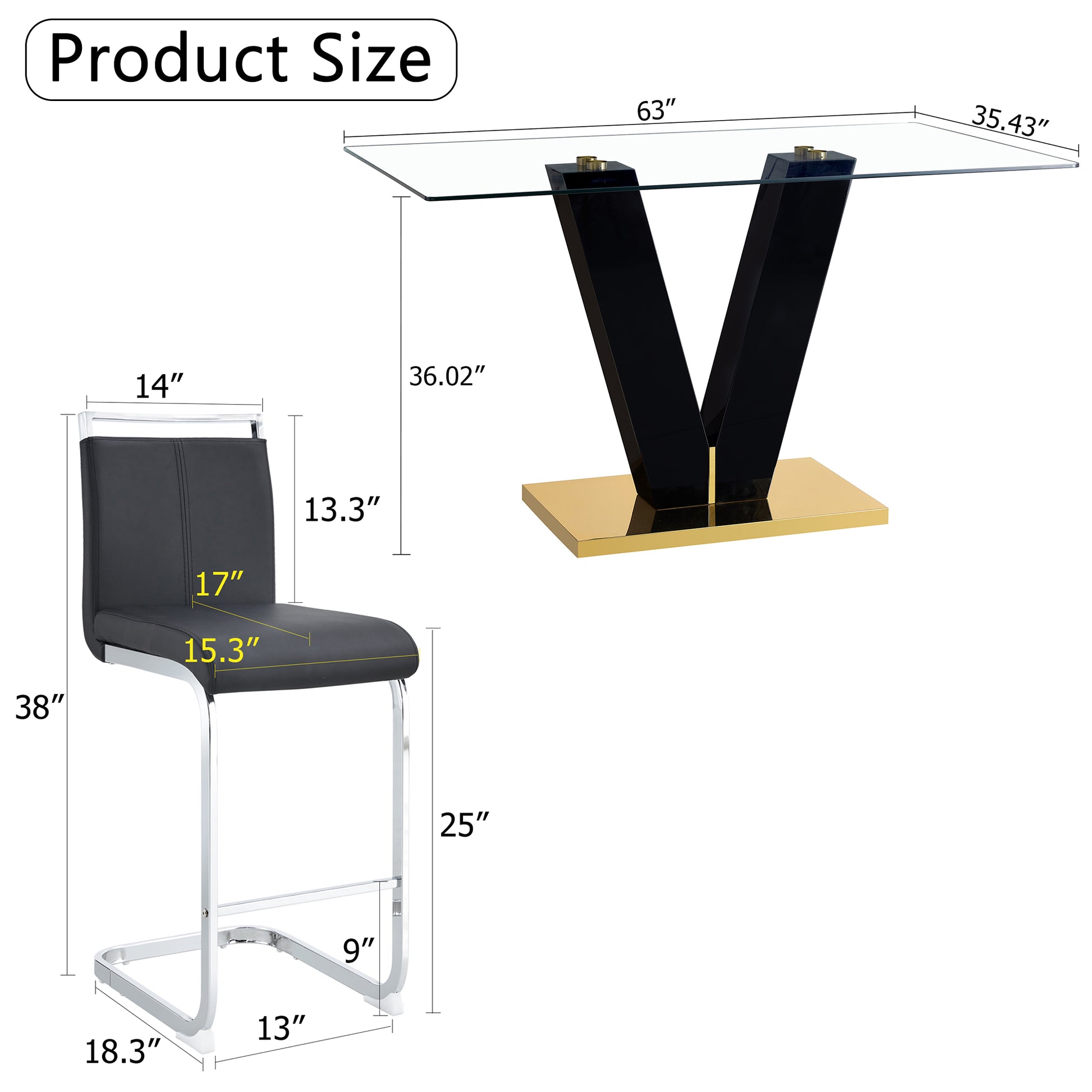 Table And Chair Set. A Rectangular Glass Dining Table With A 0.4 Inch Tempered Glass Tabletop And Mdf Board V Shaped Bracket, Paired With 2 Chairs Consisting Of Pu Seat Cushions And Silver Metal Legs. Black Seats 2 Tempered Glass