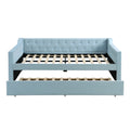 Full Size Upholstered Tufted Daybed With Twin Size Trundle, Blue Box Spring Not Required Full Blue Wood Daybeds Velvet Upholstered