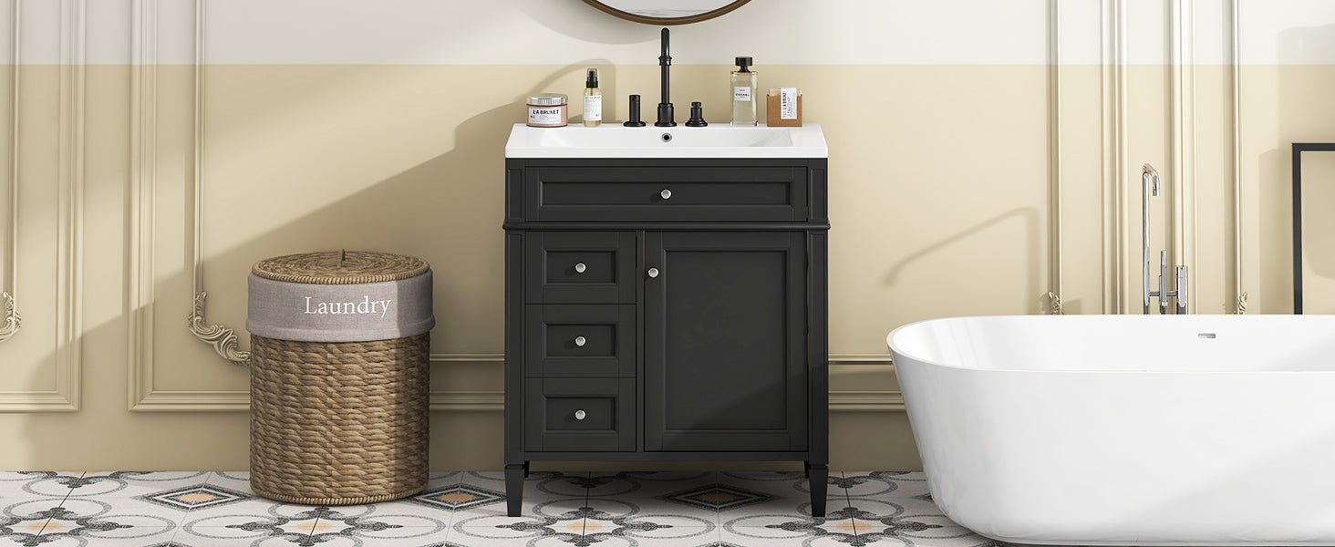 30'' Bathroom Vanity With Top Sink, Modern Bathroom Storage Cabinet With 2 Drawers And A Tip Out Drawer, Single Sink Bathroom Vanity Black Bathroom Solid Wood Mdf