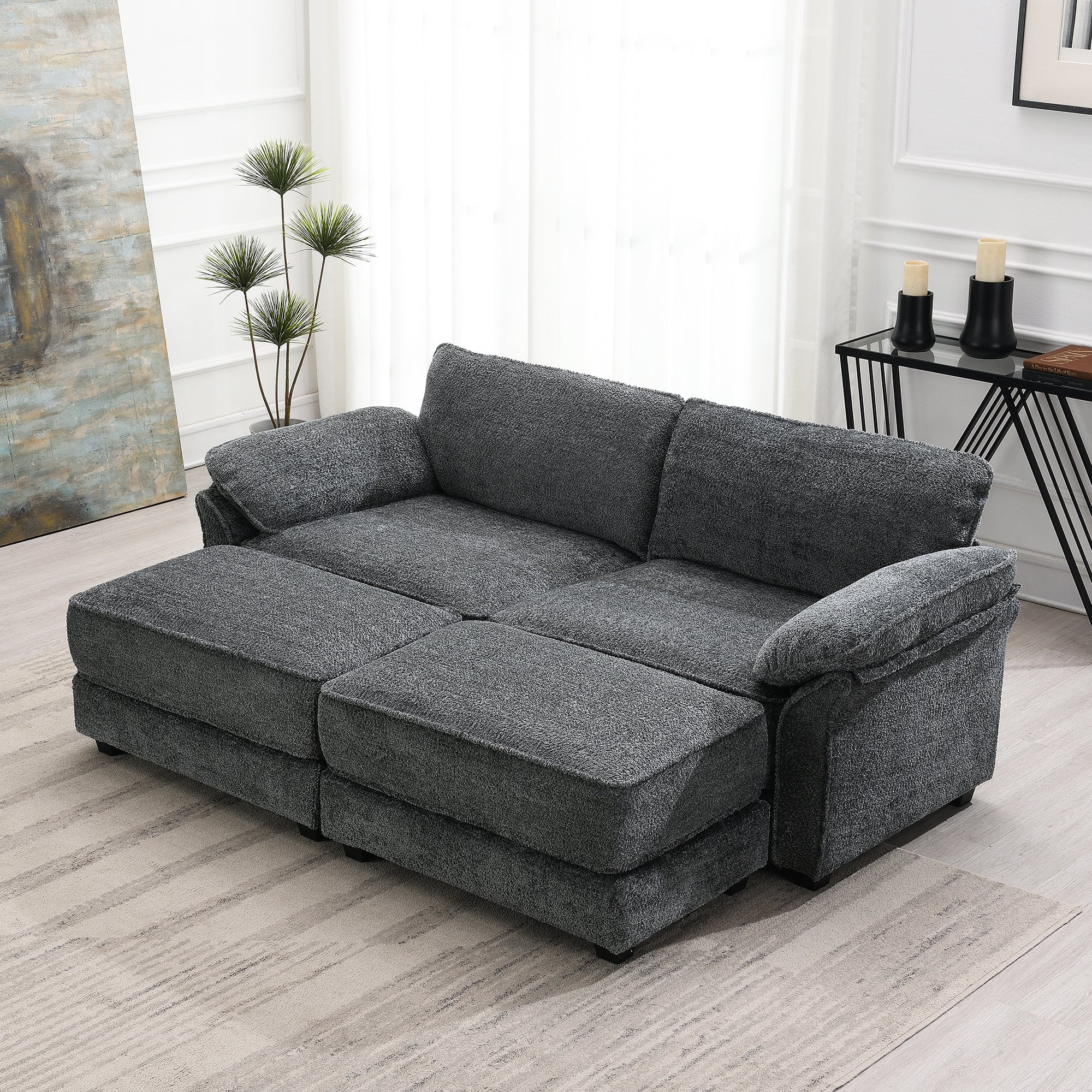 Free Combination Modular Convertible Sectional Sofa Bed Set, 4 Seat Upholstered Sleeper Corner Couch, Deep Seat Loveseat With Ottoman For Living Room, Office, Apartment,2 Colors Gray Chenille 4 Seat